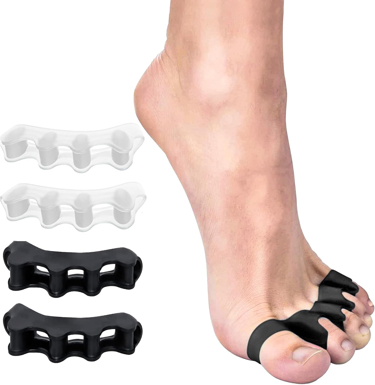 2 Pairs Soft Gel Toe Separators Bunion Corrector Toe Straightener Toe Spacers Big Toe Stretcher for Pain Relief (Black+White) image number 1
