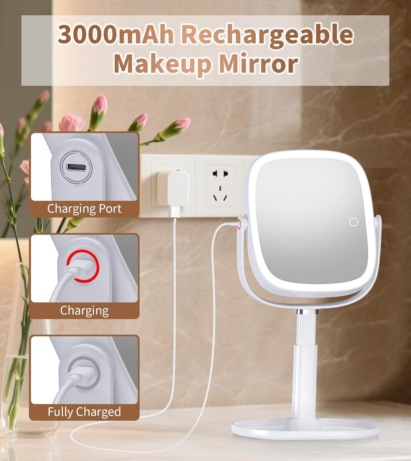 XXZU 64 LED Makeup Mirror with Phone Holder,3000Mah Rechargeable 10X Magnifying Vanity Mirror with Lights,3 Color Lighting & Dimmable Touch Screen Compact Mirrors for Desk,Travel,Bathroom image number 2