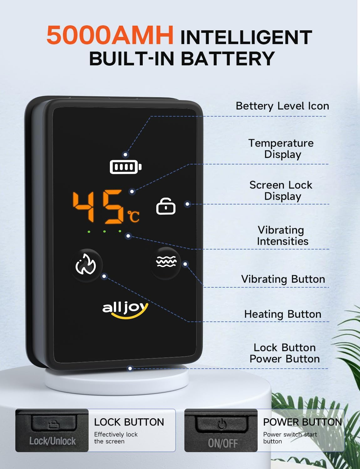 ALLJOY Cordless Heating Pad for Back, 60" Portable Lower Back Massager with Heat, Rechargeable Heating Pad for Cramps Pain Relief, 3 Heat 5 Vibration, Lock Screen, Lumbar Support, Gifts for Women Men image number 5