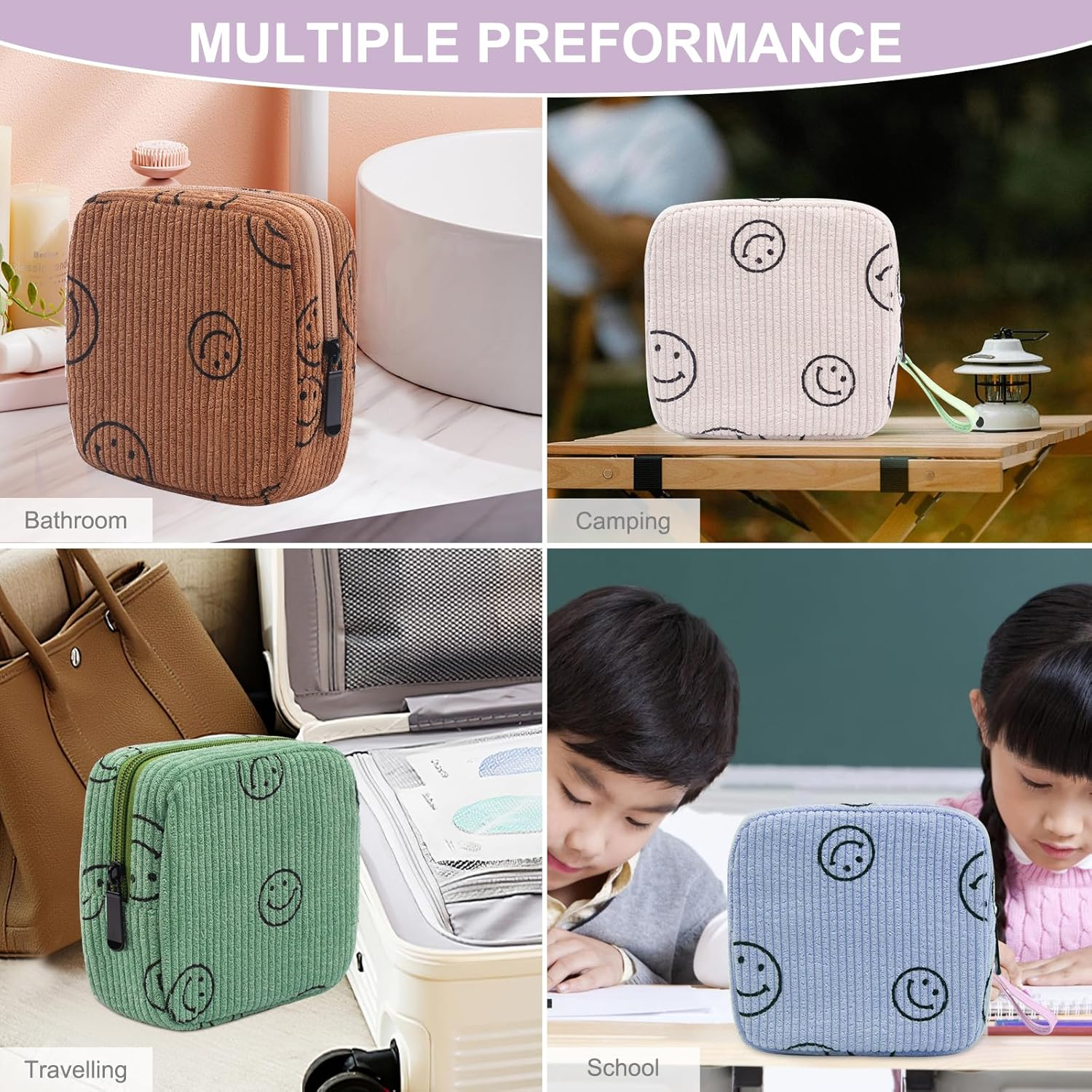 Teircno Sanitary Napkin Storage Bag,Preppy Corduroy Period Bag for Women, Cute Smiley Face,Portable Period Pouch with Zipper, Sanitary Pads Bag Tampons Holder for Purse, First Period - Brown image number 6