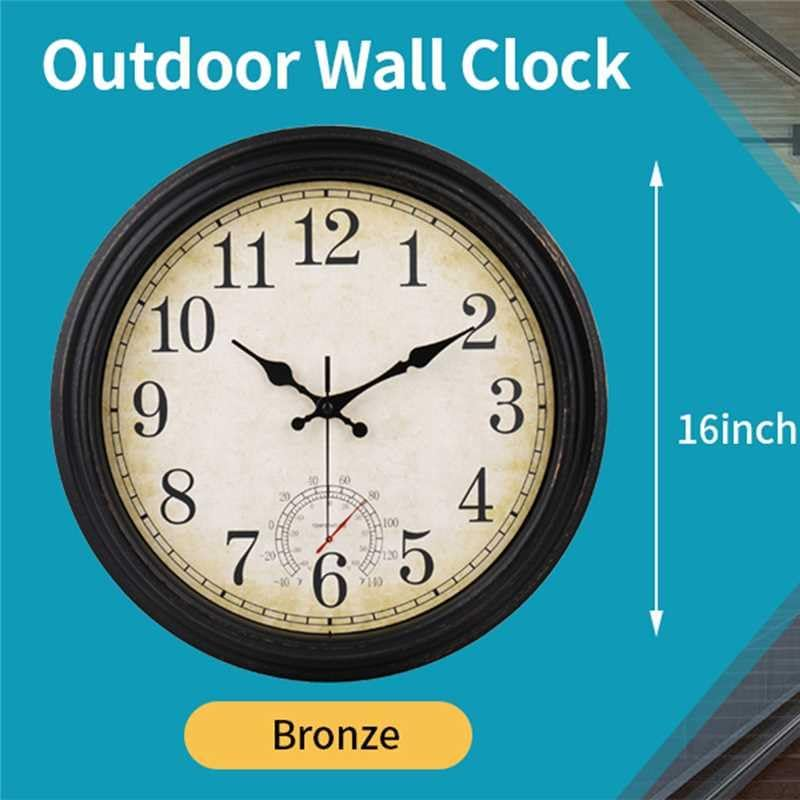 Large Outdoor Clocks Waterproof with Thermometer Vintage Wall Clock for Bathroom Patio Pool Garden Living Room Home(16 Inch,Bronze) image number 4