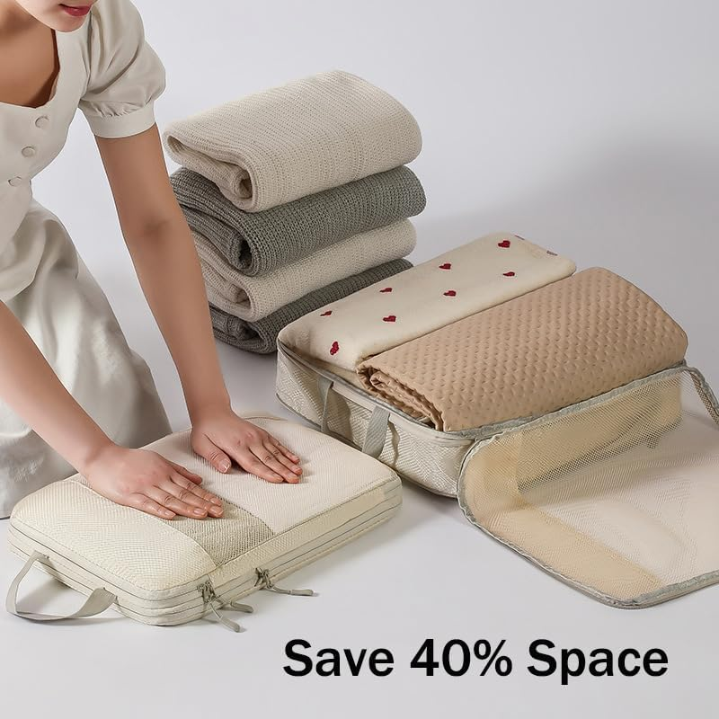 JOZUTTOW Nylon Compression Packing Cubes, Set of 8 Travel Organizer Bags with Recompression Design, Water-Repellent Fabric, Mesh Design, Zipper Closure, Beige image number 6