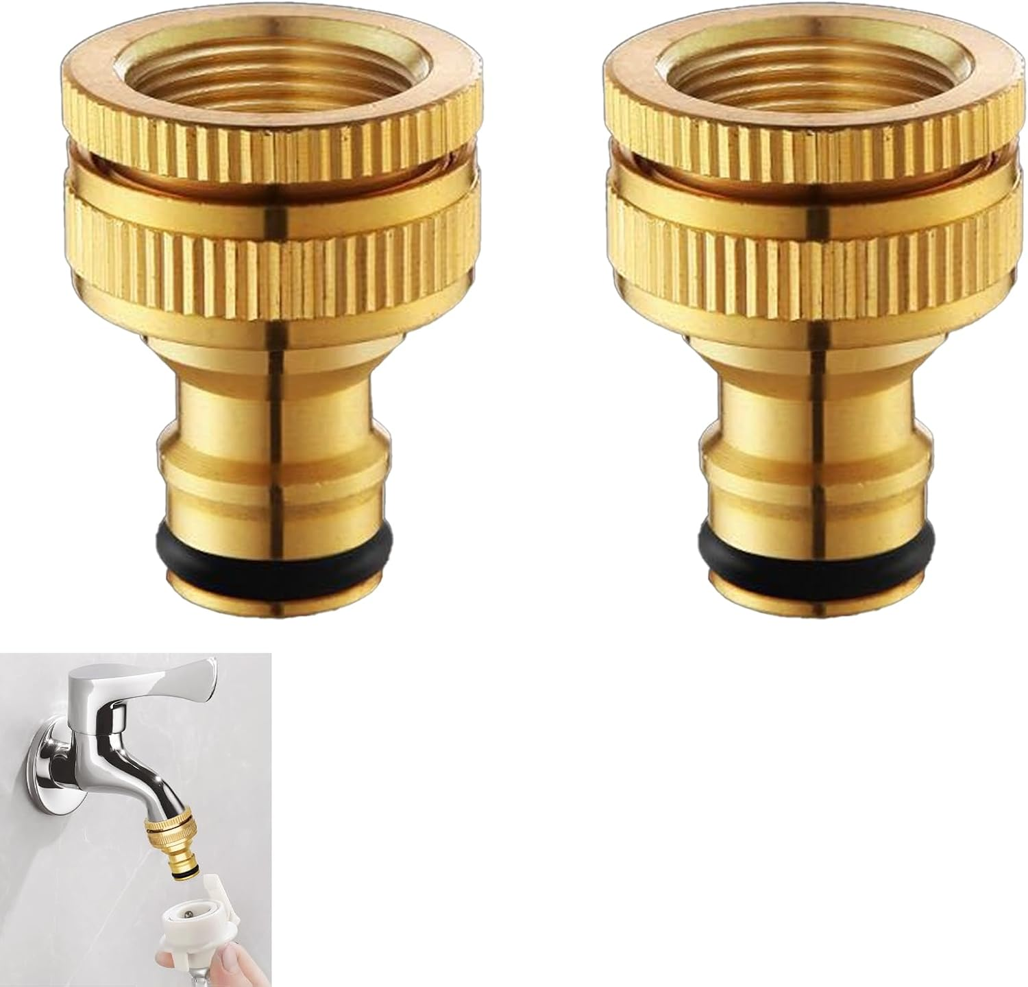 2 Pcs Brass Tap Hose Connector,Garden Hose Pipe Connector Metal,Outside Tap Hose Adapter Attachments,3/4 & 1/2 Inch 2-In-1 Threaded Connectors,For Kitchen Faucet Outdoor Gardena Tool Hosepipe Fittings image number 2