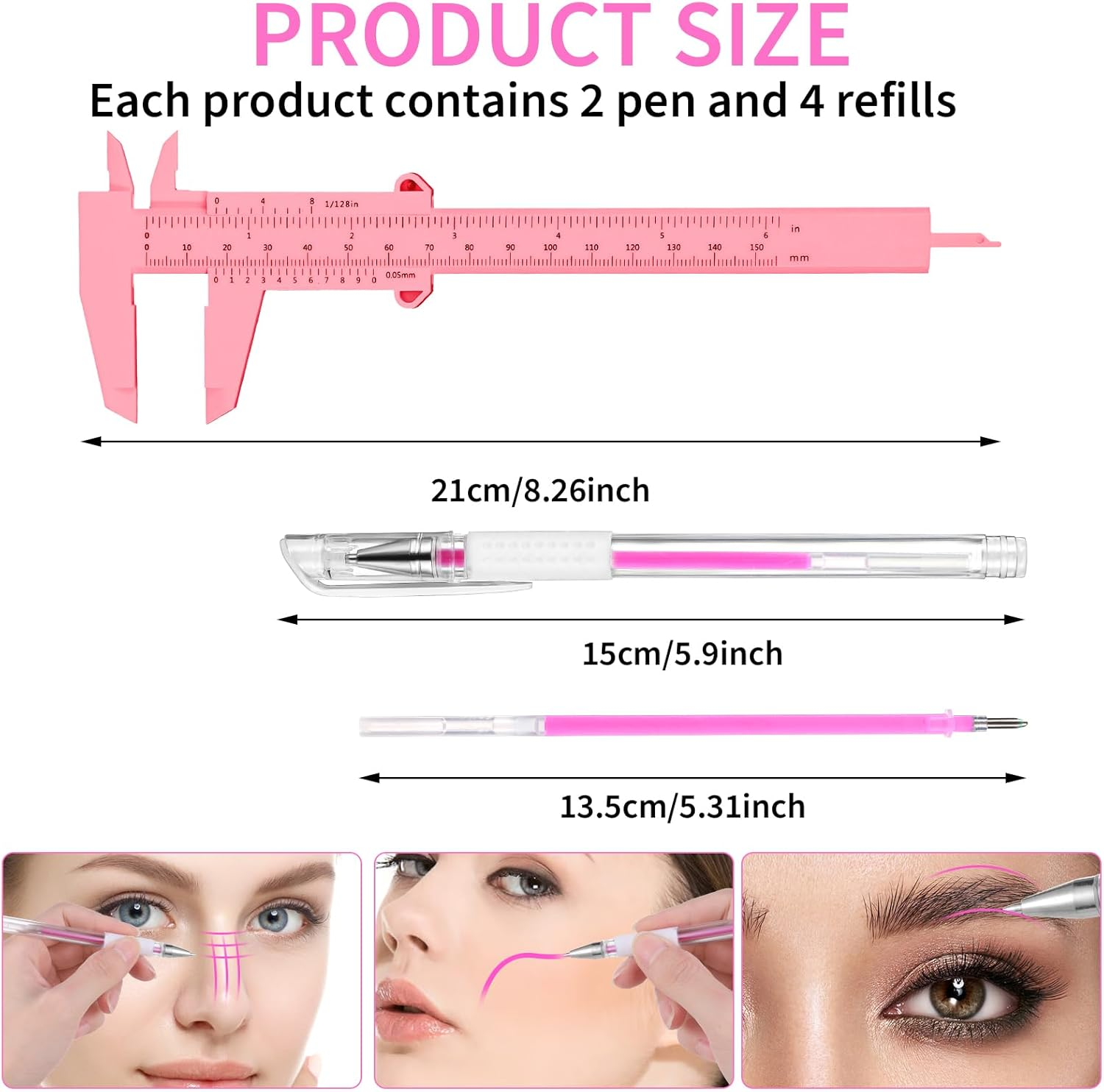 Eyebrow Microblading Marker Pen, 2 Pcs Brow Mapping Pens with with 4 Replacement Refills and 1 Ruler, Makeup Tattoo Skin Marker Pen, Brow Lamination Supplies for Eyebrow Lip Skin(Pink) image number 1