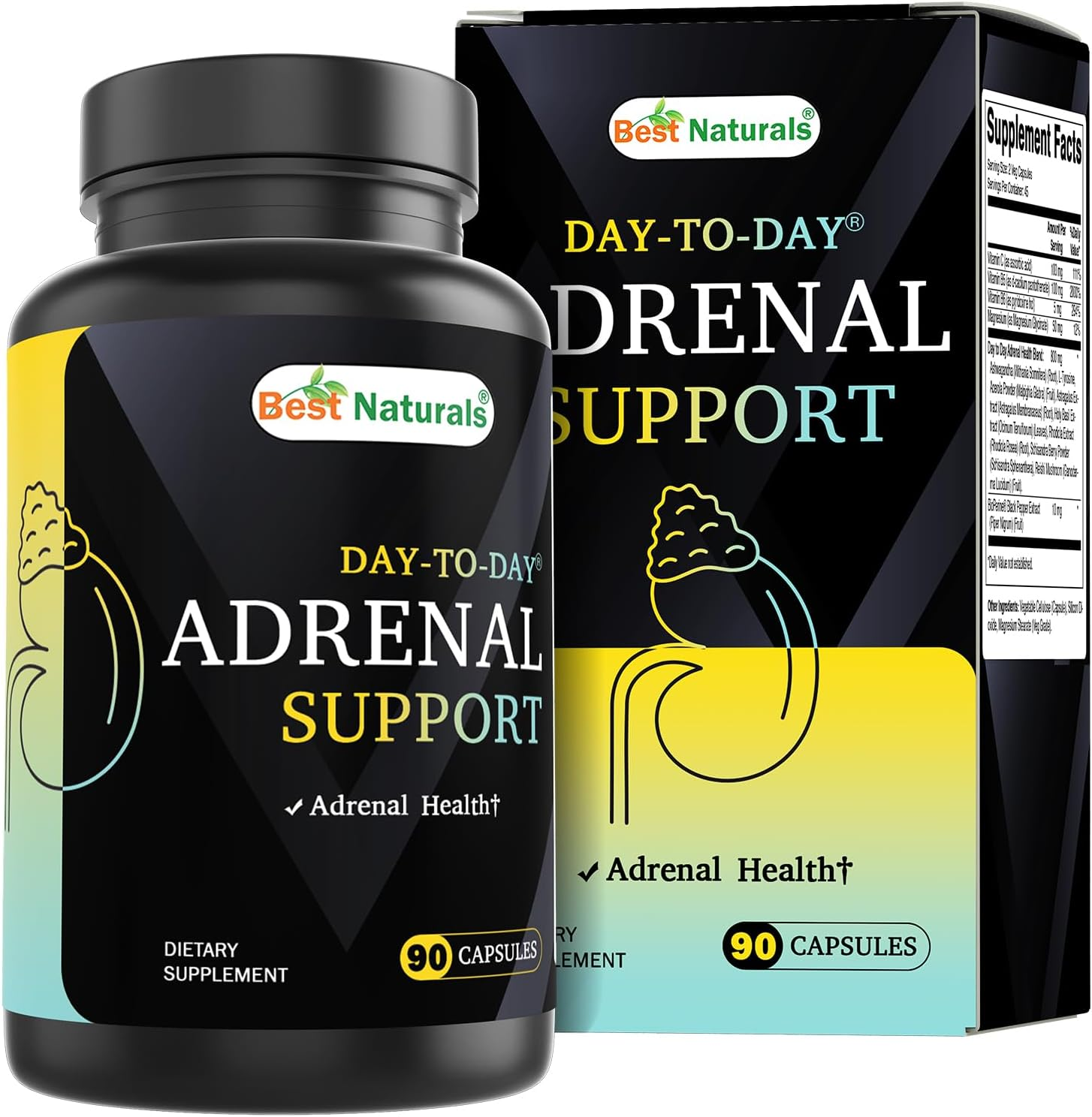Best Naturals Day-To-Day Adrenal Support Supplements - 90 Veg Capsules - Made with Ashwagandha, L-Tyrosine, Magnesium, Rhodiola & Holy Basil & Bioperine