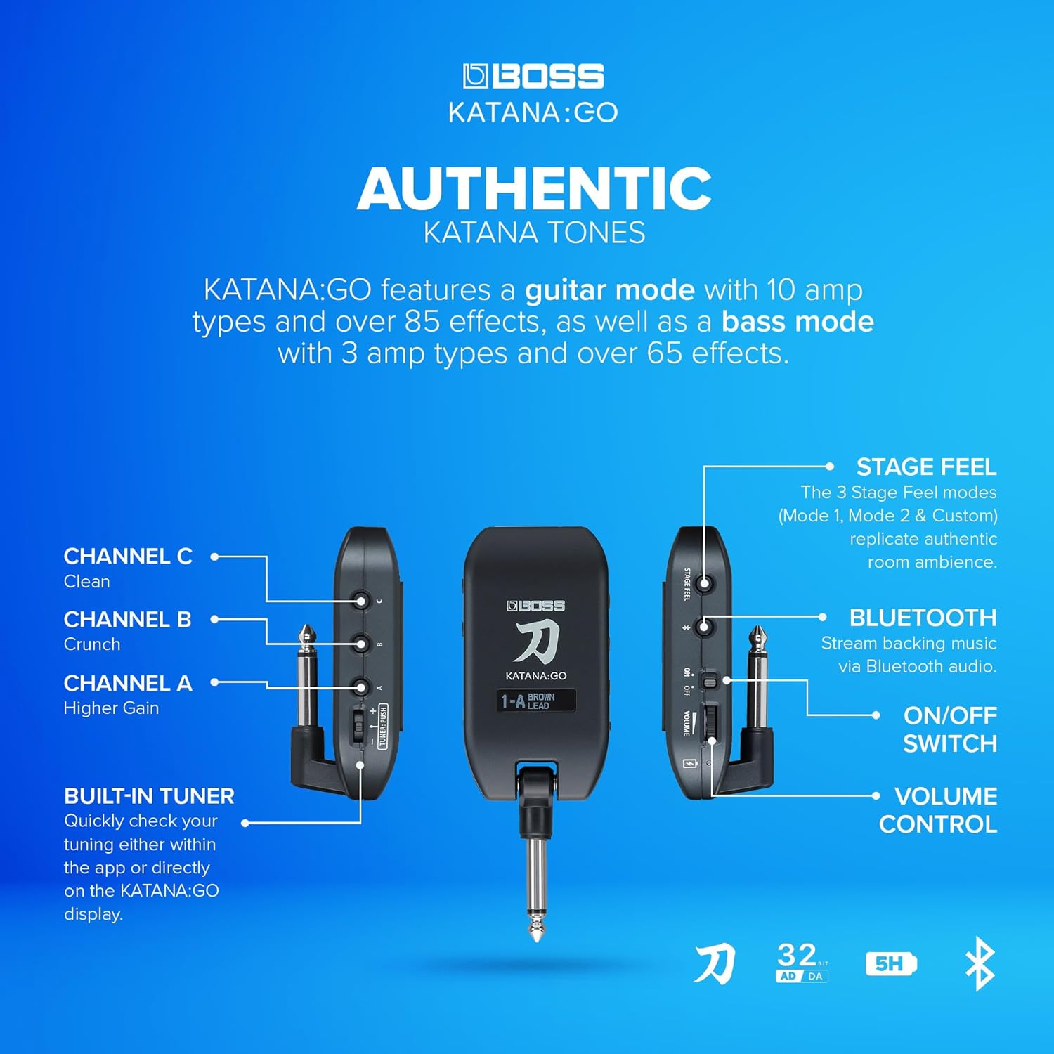 BOSS Katana:Go | Personal Headphone Amplifier for Guitar & Bass | Ready-To-Play Sounds from Stage-Class Katana Amps | Advanced Spatial Technology | Edit Tones & Stream Backing Music via Bluetooth image number 2