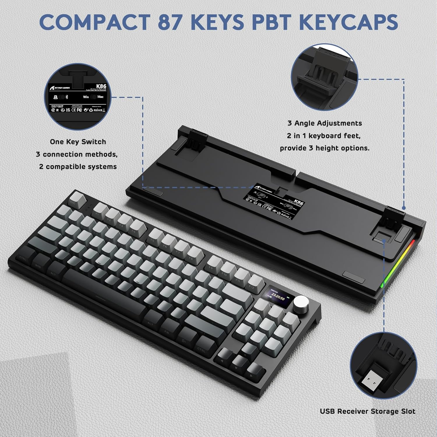 RK86 RGB 75% Wireless Gasket Mechanical Keyboard,Triple Mode Bluetooth5.0/2.4G/Usb-C 82 Keys Hot Swappable Gaming Keyboard 4000 Mah Battery W/Knob & 1.2'' HD OLED Display,Custom Linear Switches - Lavender Pro image number 7