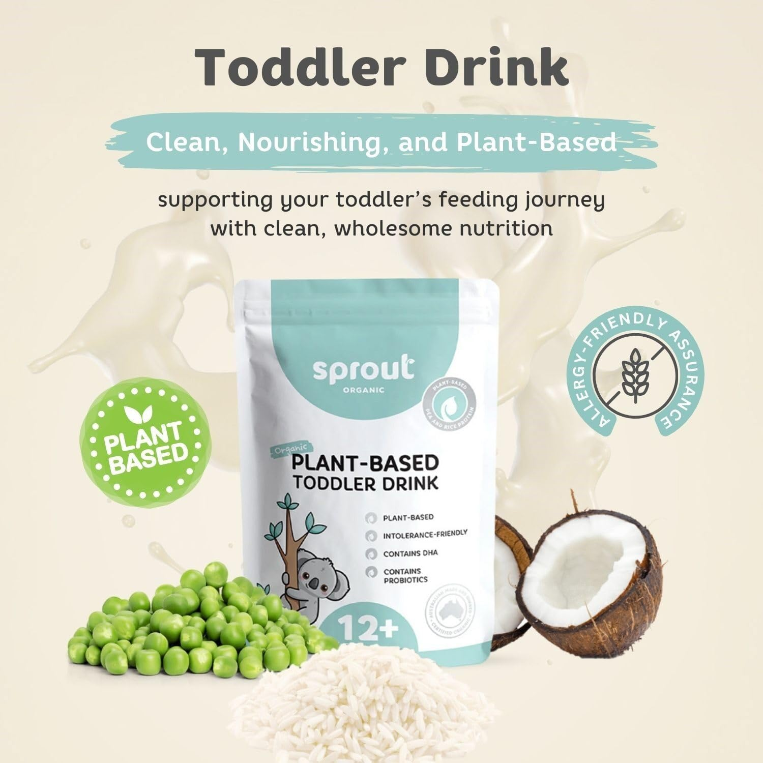 Sprout Organic Vegan Toddler Drink, Plant-Based Baby Food for 12 Months and Above, Baby Foods Enriched with Vitamins, Minerals and DHA, Dairy-Free, Lactose-Free, Soy-Free, 700G (Pouch)