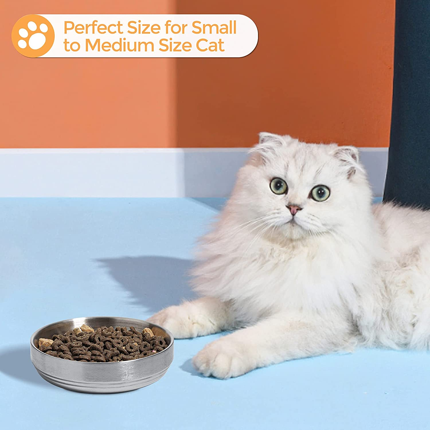 Comsaf Food Grade 304 Stainless Steel Cat Bowls, Shallow and Wide Metal Cat Food and Water Feeder Set, Durable Double Layer Pet Feeding Dishes for Kitten, Puppy, Whisker Stress Free, Dishwasher Safe