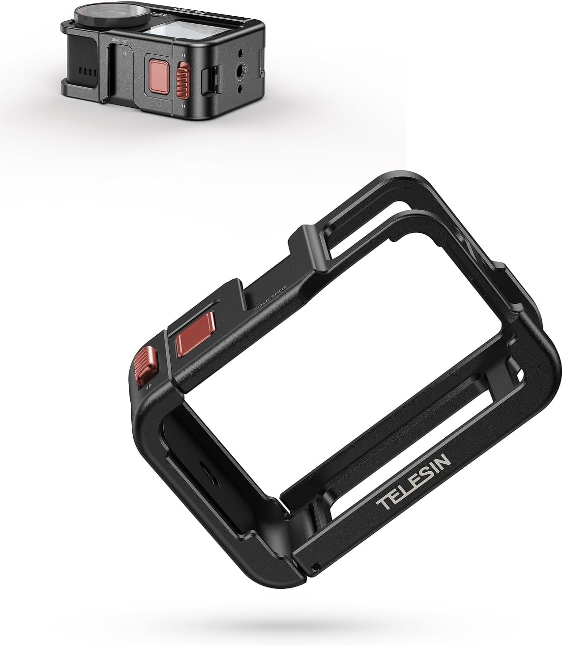 TELESIN 54G Ultra-Light Camera Cage for DJI Action 5 Pro Action 4 Action 3, Protective Cage Video Rig with Cold Shoe, 1/4" Thread, Shutter Button, Magnetic Quick Release Connector (Carbon Tech Black​)