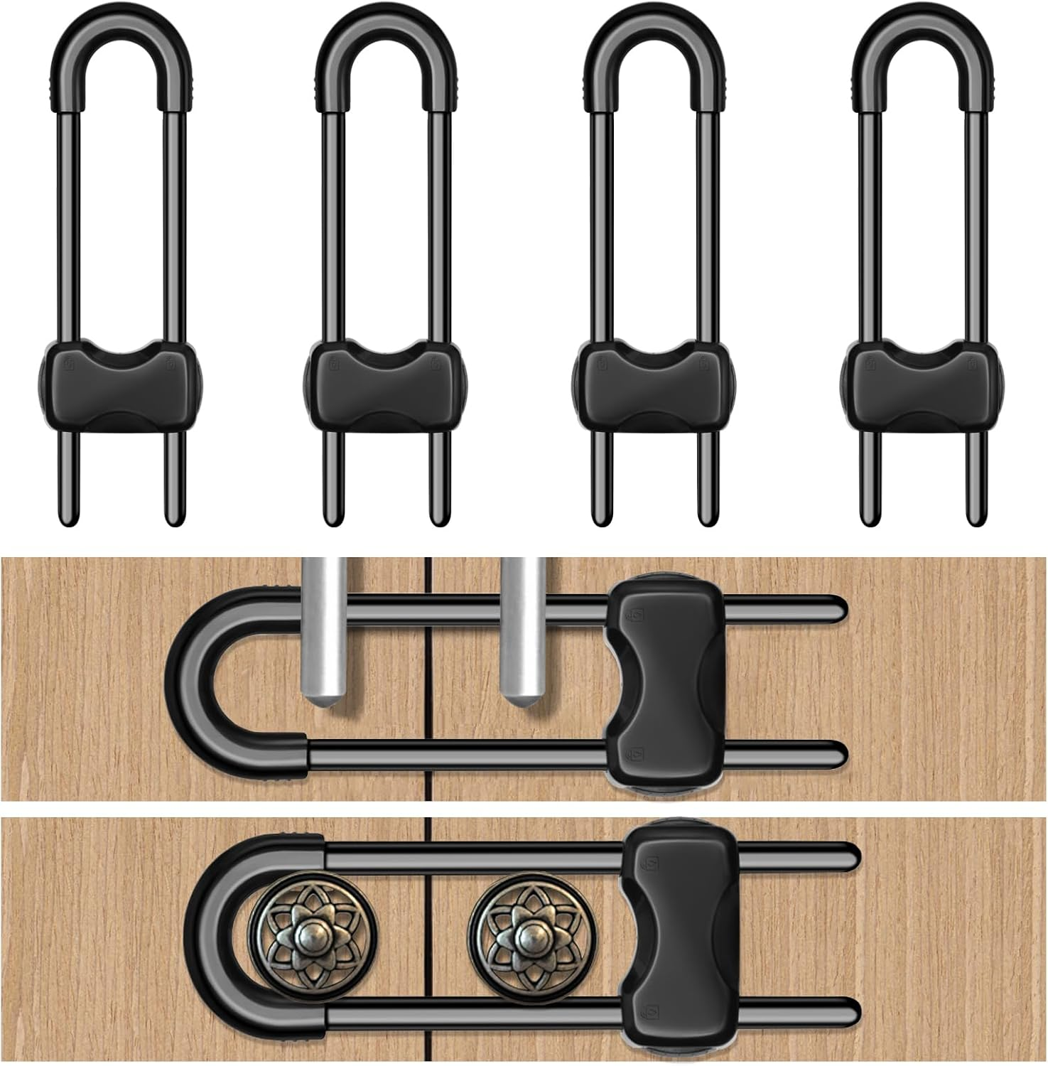 LLOOC Cabinet Locks for Babies,4 Pack U-Shaped Child Locks for Cabinets, Baby Proofing Cabinets, Child Proof Cabinet Latches,Child Safety Cabinet Locks with Adjustable (Black)