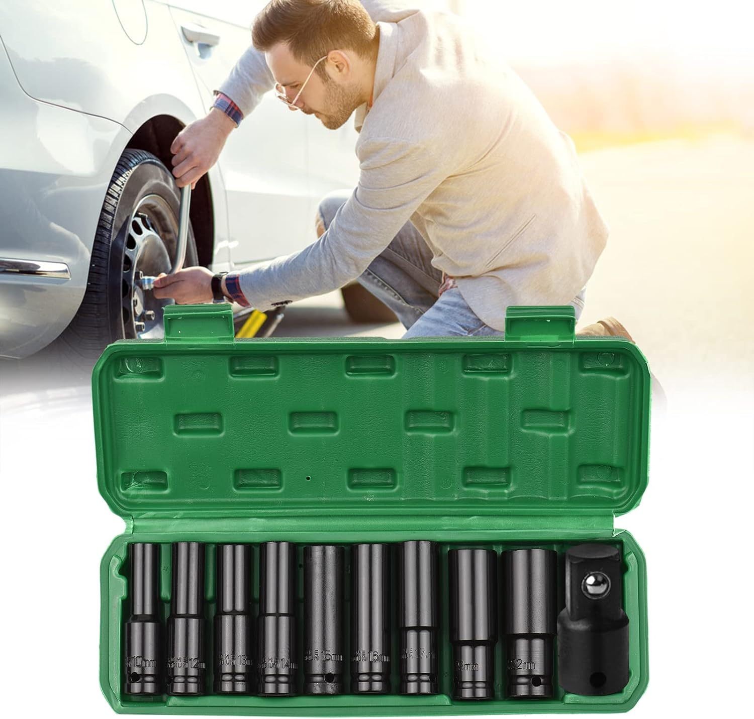 1/2 Inch Drive Hex Impact Socket Set 10-Piece Deep Socket Metric Sizes 10-22Mm and 3/8 Inch Adapter CR-V Material with Hard Storage Box image number 4