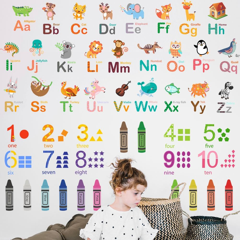 Alphabet Numbers Crayon Wall Stickers Decals Kids Peel and Stick Removable Room D&eacute;cor Letter ABC Classroom Playroom Decorations image number 4