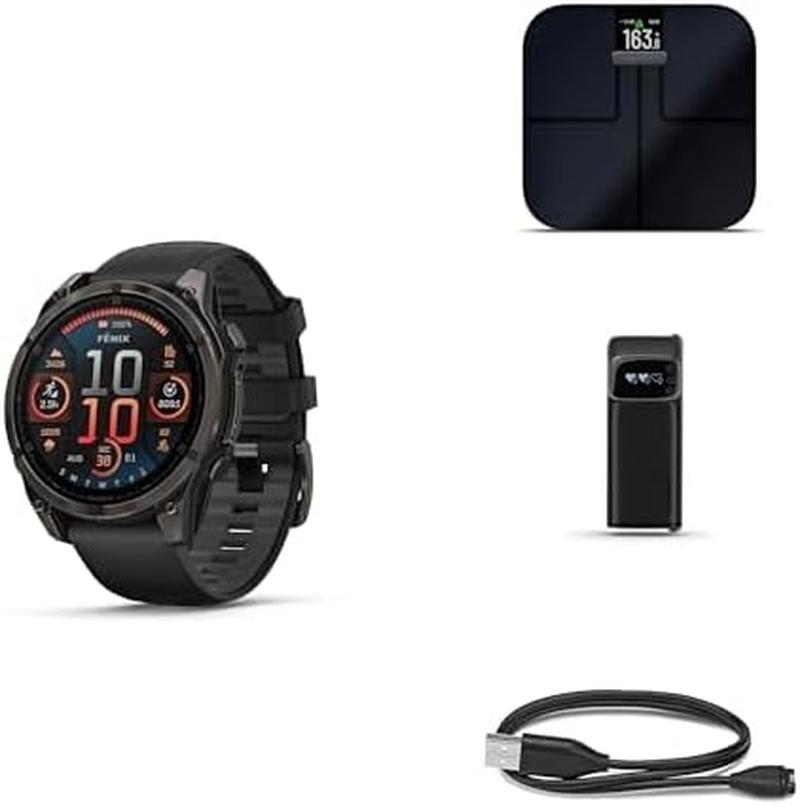 Garmin Fenix 8 Wellness Bundle - Fenix 8, 47Mm, AMOLED, Sapphire, Carbon Gray Titanium, Index&trade; S2, Black, Index BPM & Garmin USB-A Charging/Data Cable (0.5 M)