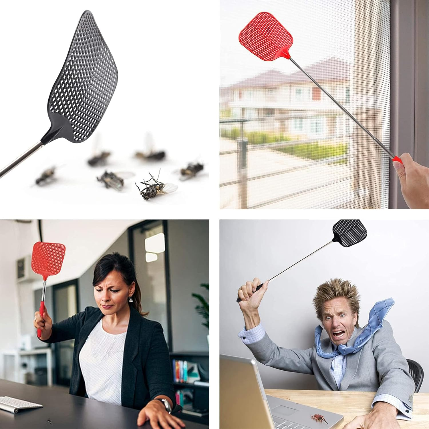 2 Pieces Extendable Fly Swatter, Plastic Fly Swatter, Manual Fly Killer for Controlling Flies, Mosquitos, Wasps, Pests (Black and Red) image number 1