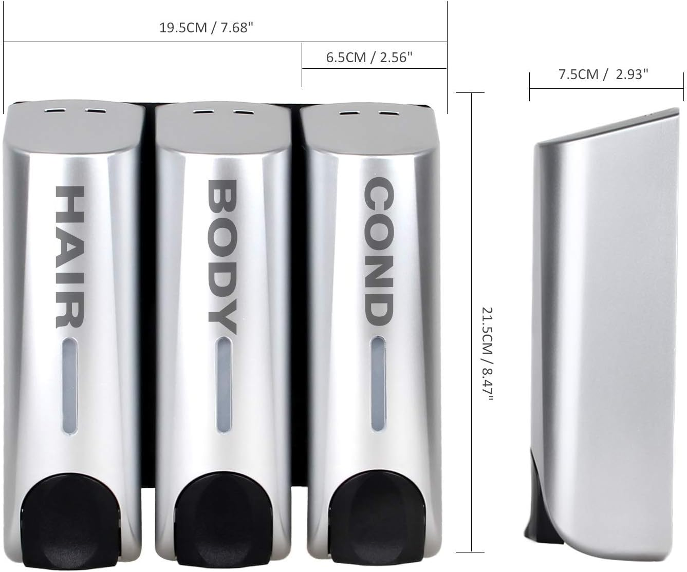 Chamber Soap Dispenser Trio Shower Gel Shampoo Conditioner with 3X350Ml Refillable Bottles ABS Wall Mount Silver - White image number 4