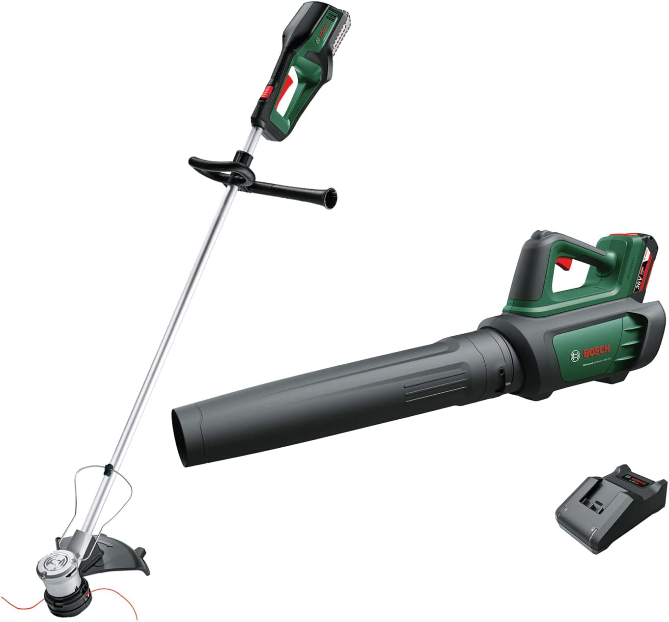 Bosch Home & Garden Cordless 36V Line Trimmer Advancedgrasscut 36 & 36 V Brushless Cordless Leaf Blower Advancedleafblower 36V-750 (1X 2.0Ah Li-Ion Battery & Charger Starter Set Included, 36V System)