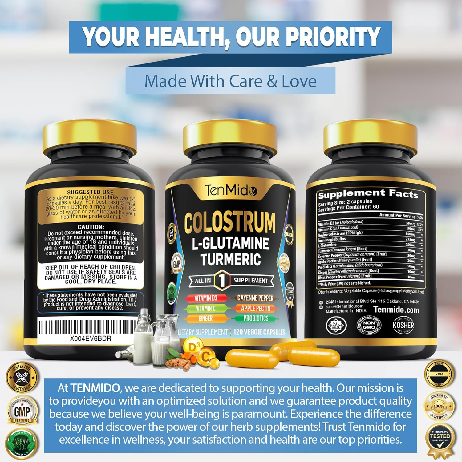 Colostrum Supplement - 10In1 Formula - Combine with L- Glutamine, Turmeric, Cayenne Pepper, Apple Pectin, Probiotics, Ginger, and More - Digestive Health, Immune Support - 120 Capsules image number 2