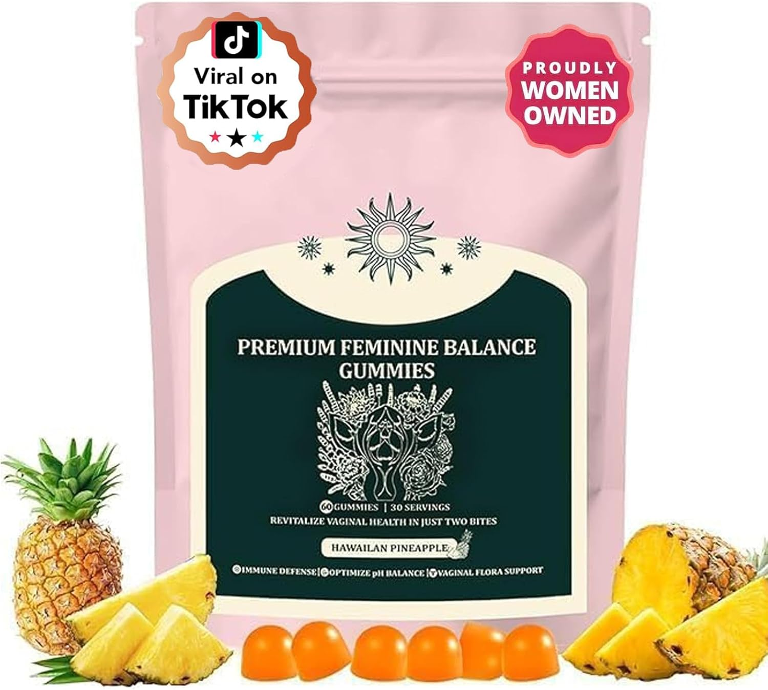 Feminine Balance Gummies &ndash; Vaginal Probiotics & Probiotics for Women &ndash; Vegan, Low Sugar, Gluten-Free &ndash; Pineapple Flavor &ndash; 60 Gummie image number 6