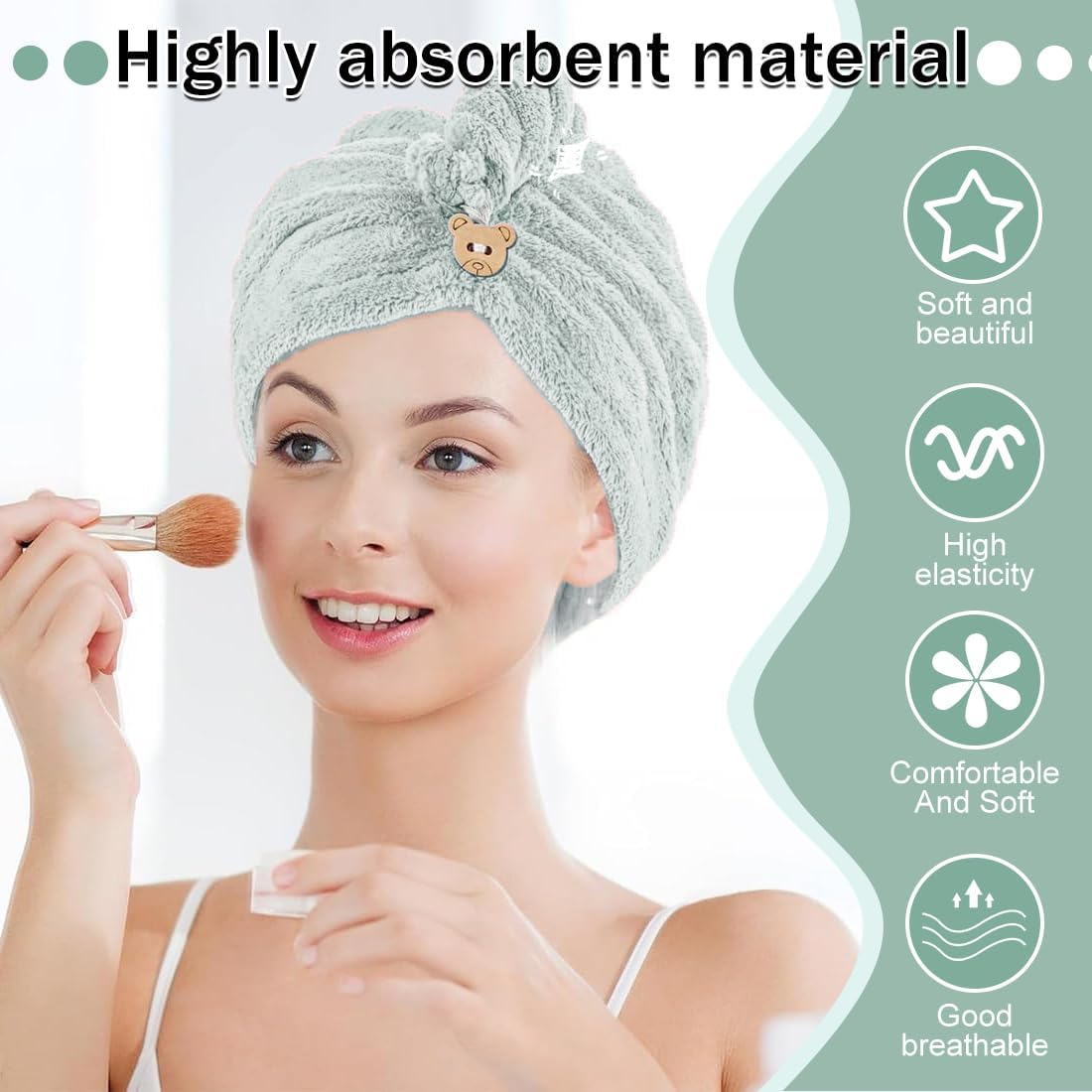 100% Cotton Women'S Hair Towels, Fluffy, Quick Absorbent, Quick-Drying Hair Turban Hair Towels with Button, Super Absorbent, Soft, Anti-Cresp, Women'S Hair Towel image number 3