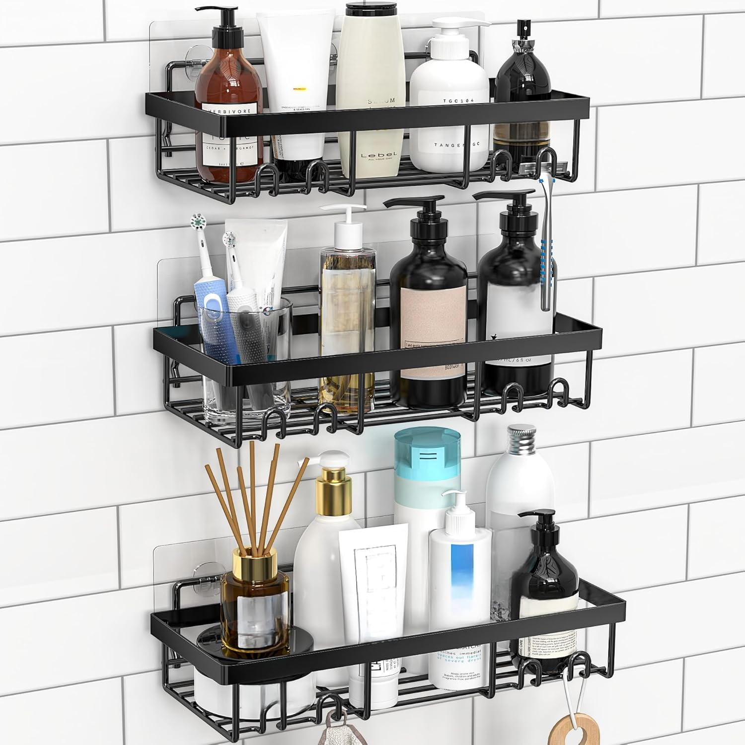 Moforoco Shower Caddy Shelf Organizer Rack, Self Adhesive Black Bathroom Shelves Basket, Home Farmhouse Wall Shower inside Organization and Storage Decor Rv Accessories, Metal Black