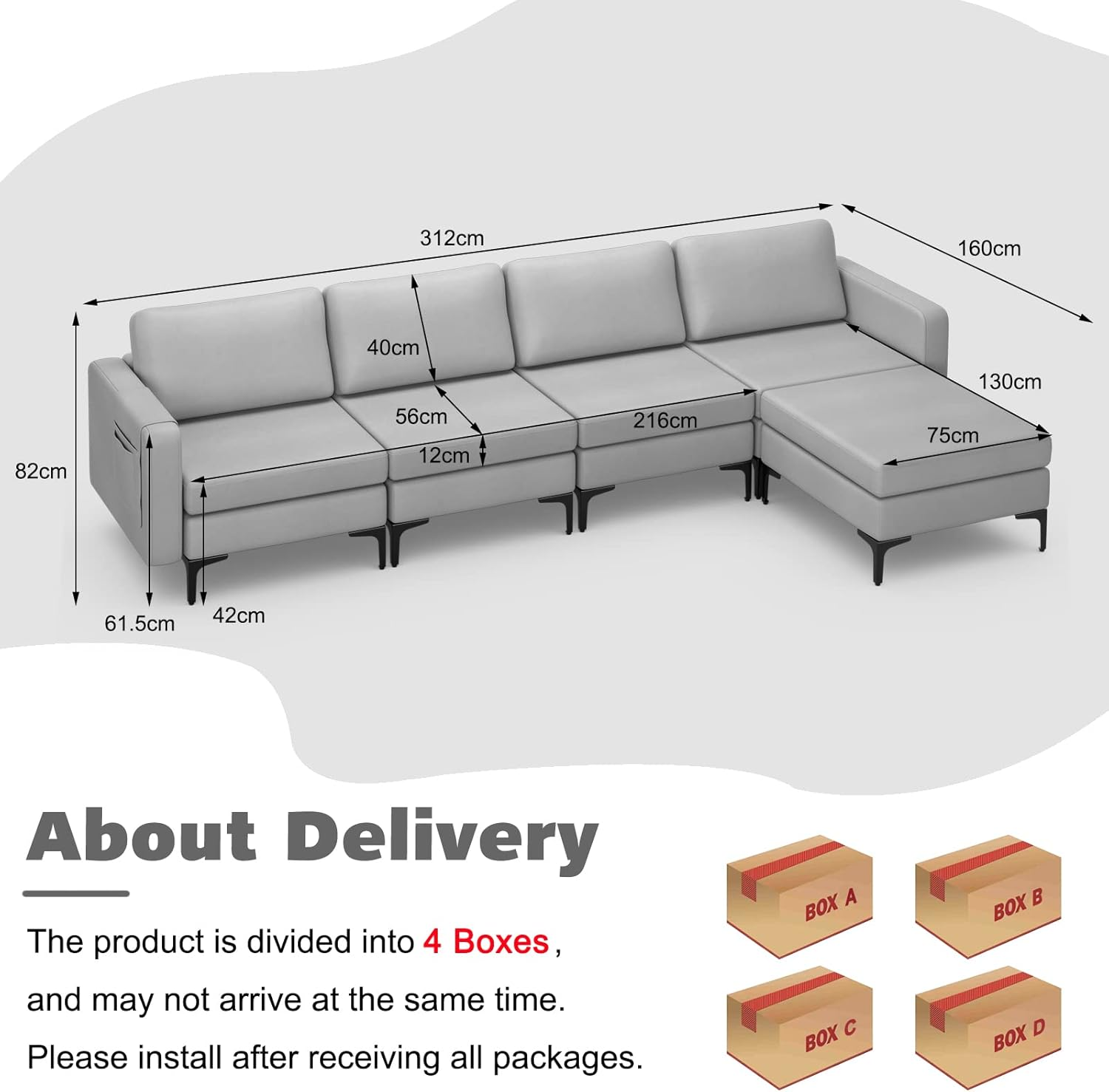Costway Modular L-Shaped Sofa with Chaise, Sectional Sofa Couch with Reversible Ottoman, Armrest Organizer, Built-In Socket & USB Ports, Storage Space, Convertible Sectional Couch for Living Room image number 4