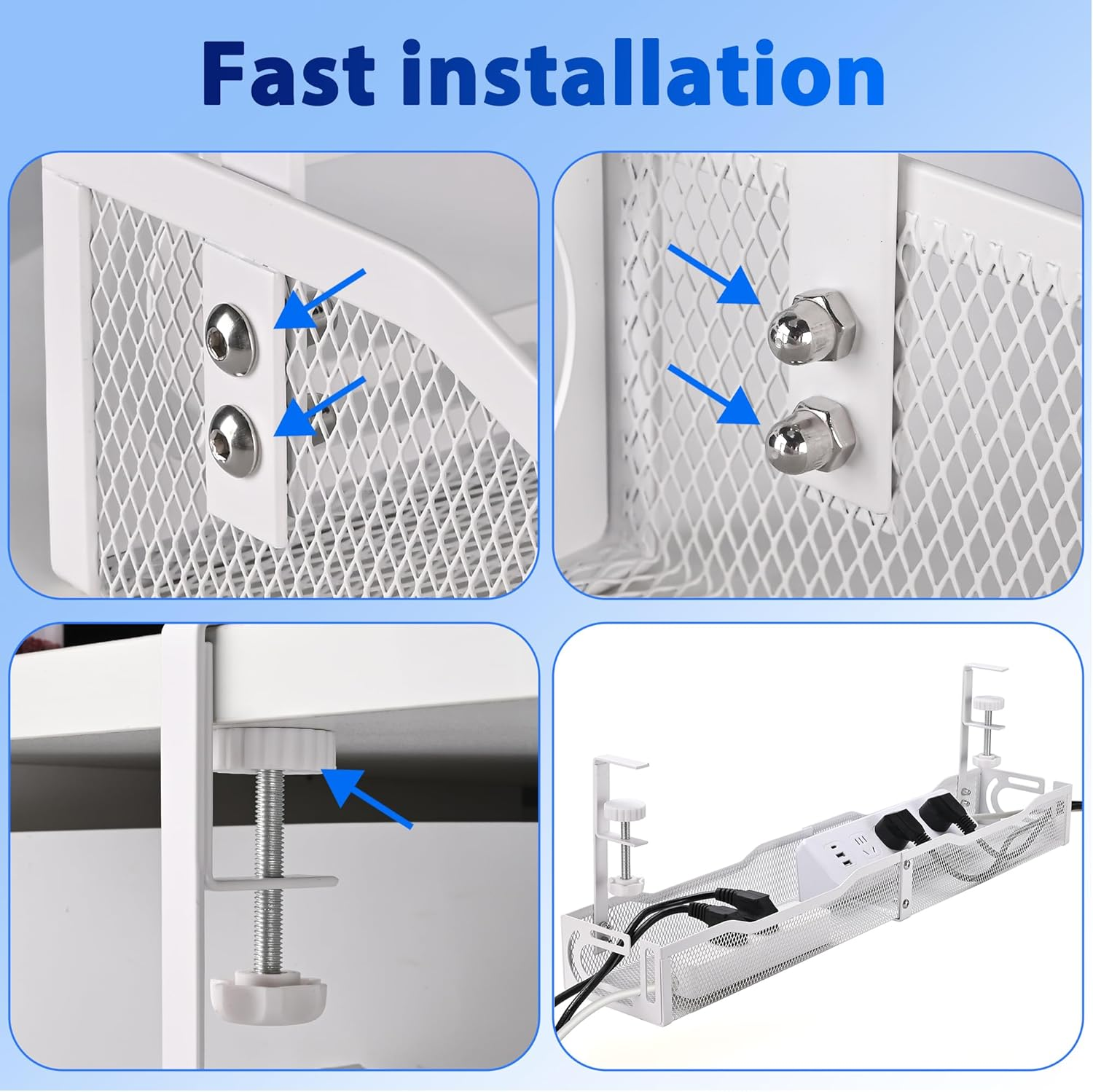 Under Desk Cable Management Box 25.3 Inch &ndash; No-Drill Cable Organizer Tray, Large Cord Management Box for Office & Home, Wire Organizer under Desk Storage, White image number 5