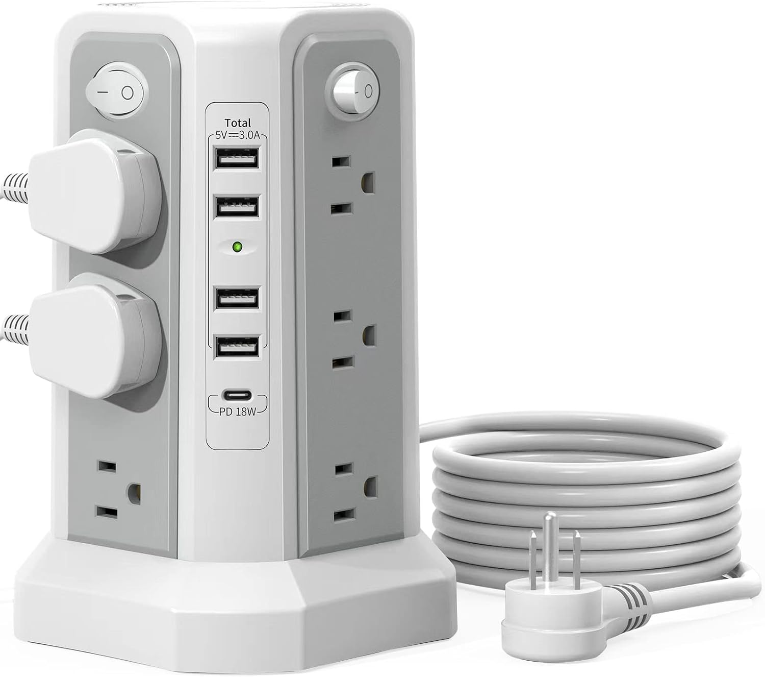 Surge Protector Power Strip with 18W Fast Charging Port, 10FT Extension Cord with 12 AC Outlets and 5 USB Ports(1 USB C), Passus Power Strips Tower Overload Protection for Home Office Dorm Room image number 2