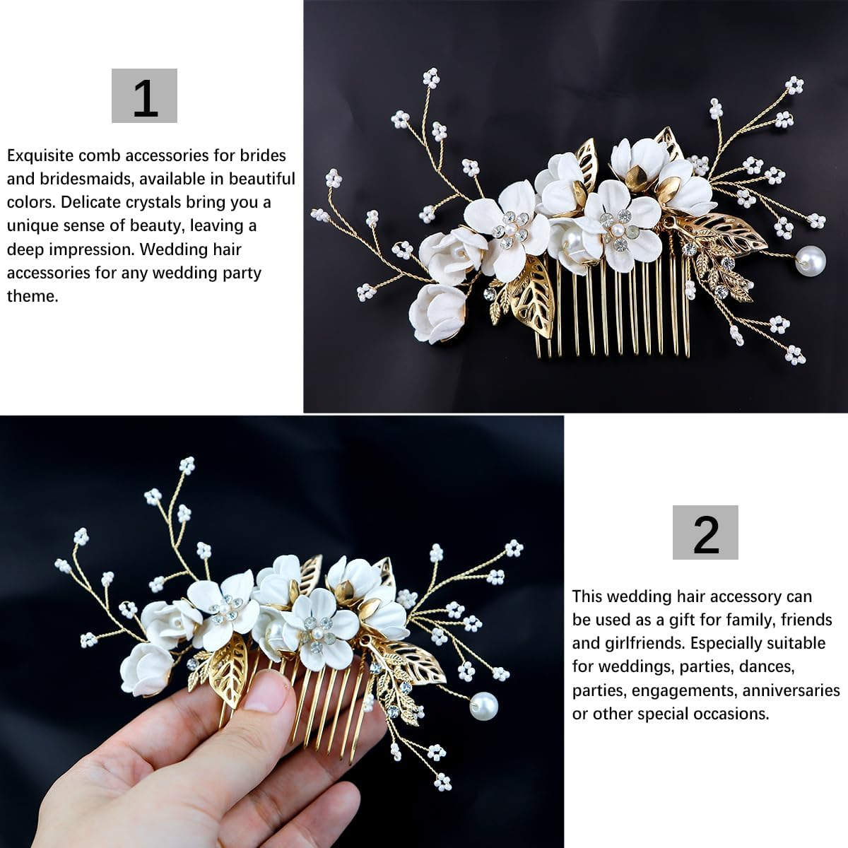 FERCAISH Wedding Hair Comb Flower, Crystal Bridal Hair Accessories, Pearl Leaf Headpiece for Wedding Bride Bridesmaid (White) image number 2