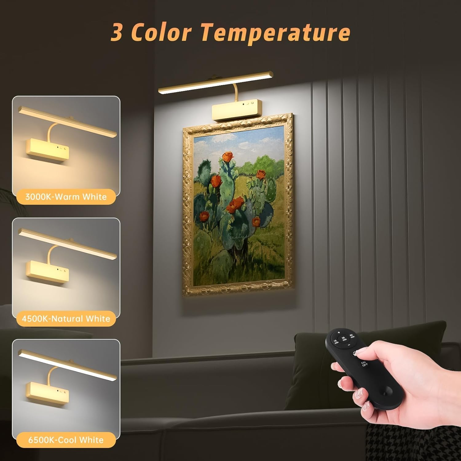 Picture Light,15.35Inch 5400Mah Rechargeable Picture Lights for Wall Battery Operated Wall Lights with Remote,3 Colors Paintings Light Dimmable Art Light for Artwork,Gallery (Gold) image number 2