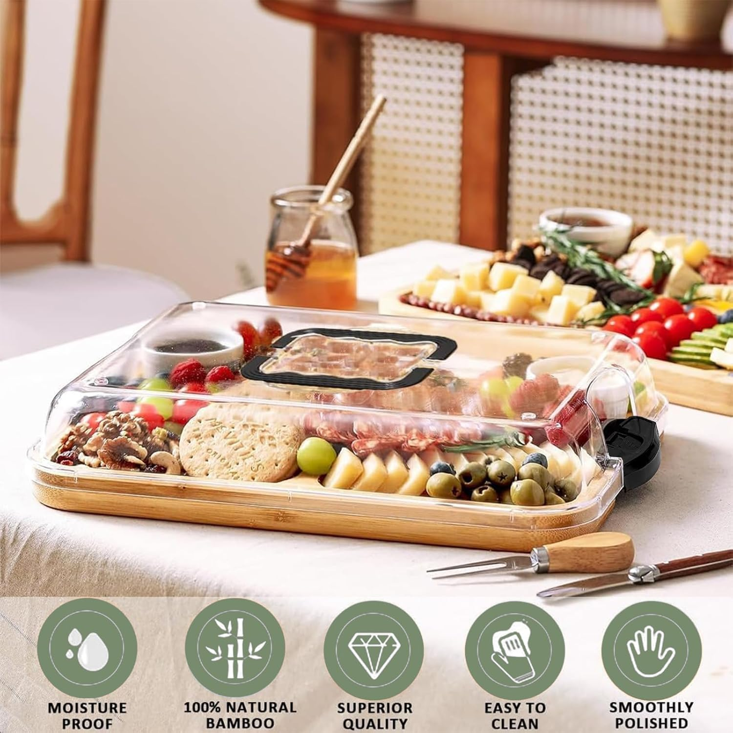 Premium Charcuterie Board with Locking Lid & Handle, Bamboo Cheese Board Platter for Appetizers & Snacks, Travel Portable Serving Tray for Kitchen,Parties,House Warming Gifts New Home,Gifts for Women image number 5
