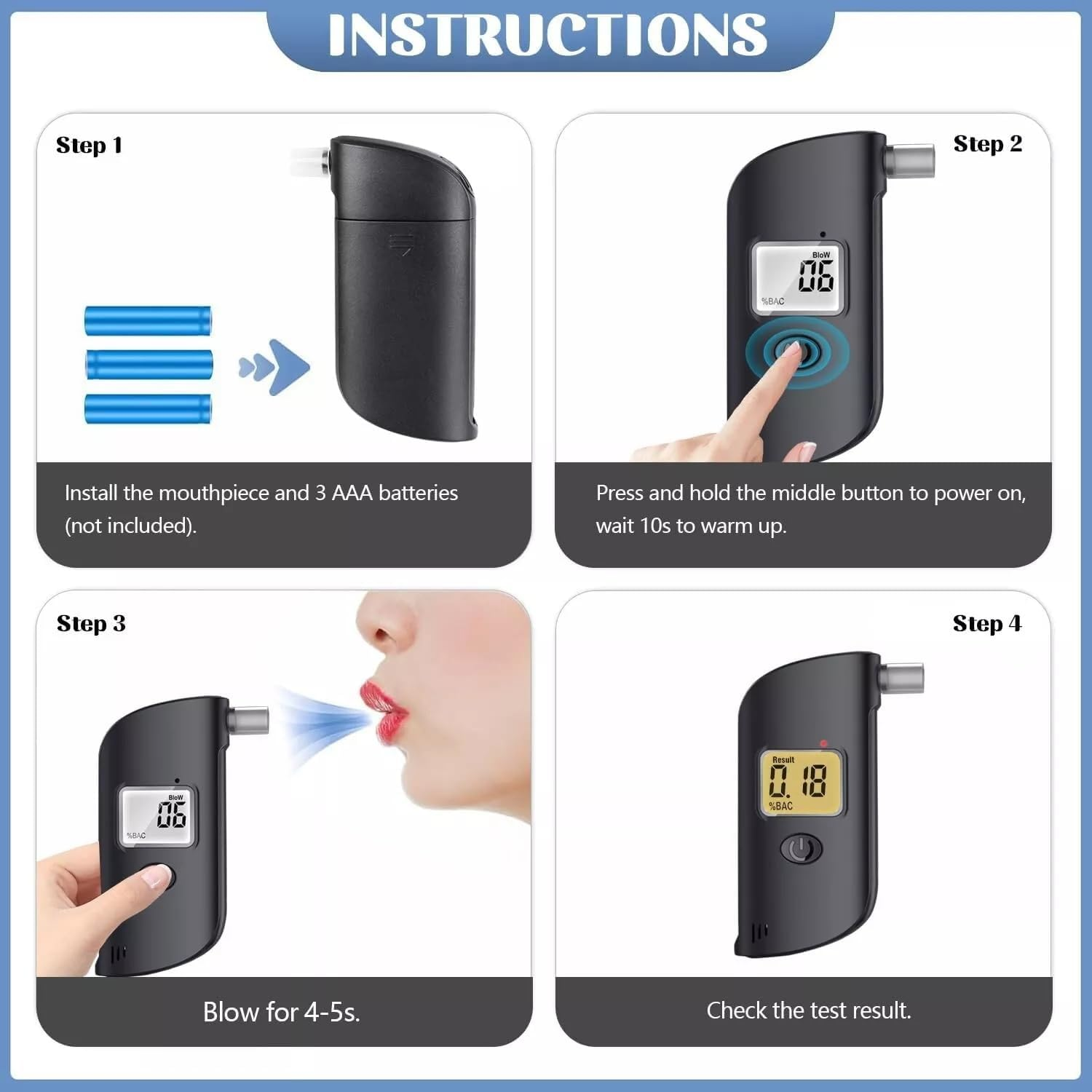 Portable Breath Alcohol Tester High Accuracy Alcohol Detector W/ 20 Mouthpieces