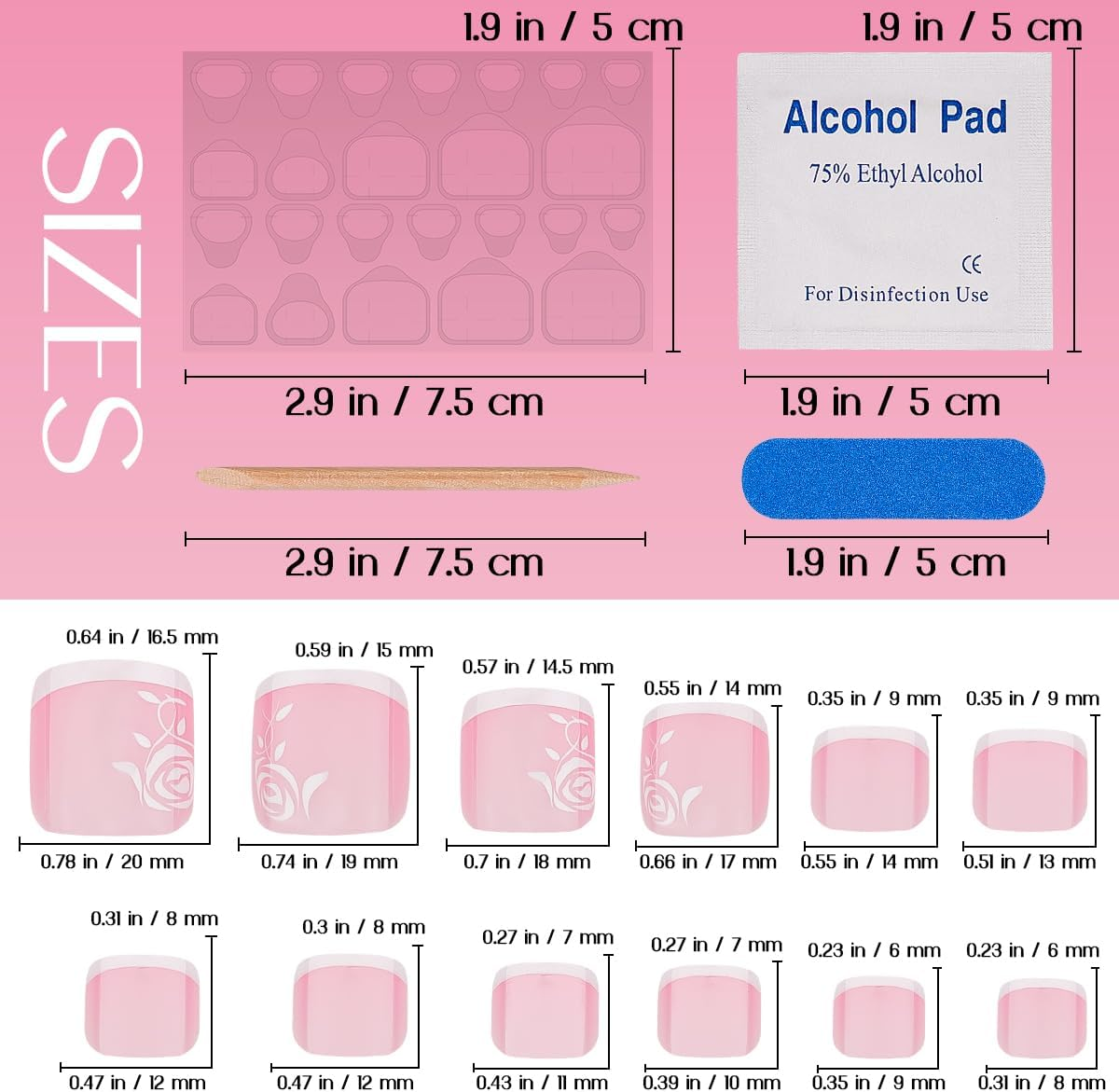 French Tips Press on Toenails 24 Pcs Acrylic Foot False Nails Square Fake Toe Nail Rose Detachable Stick Manicure Decoration for Women Girls image number 4