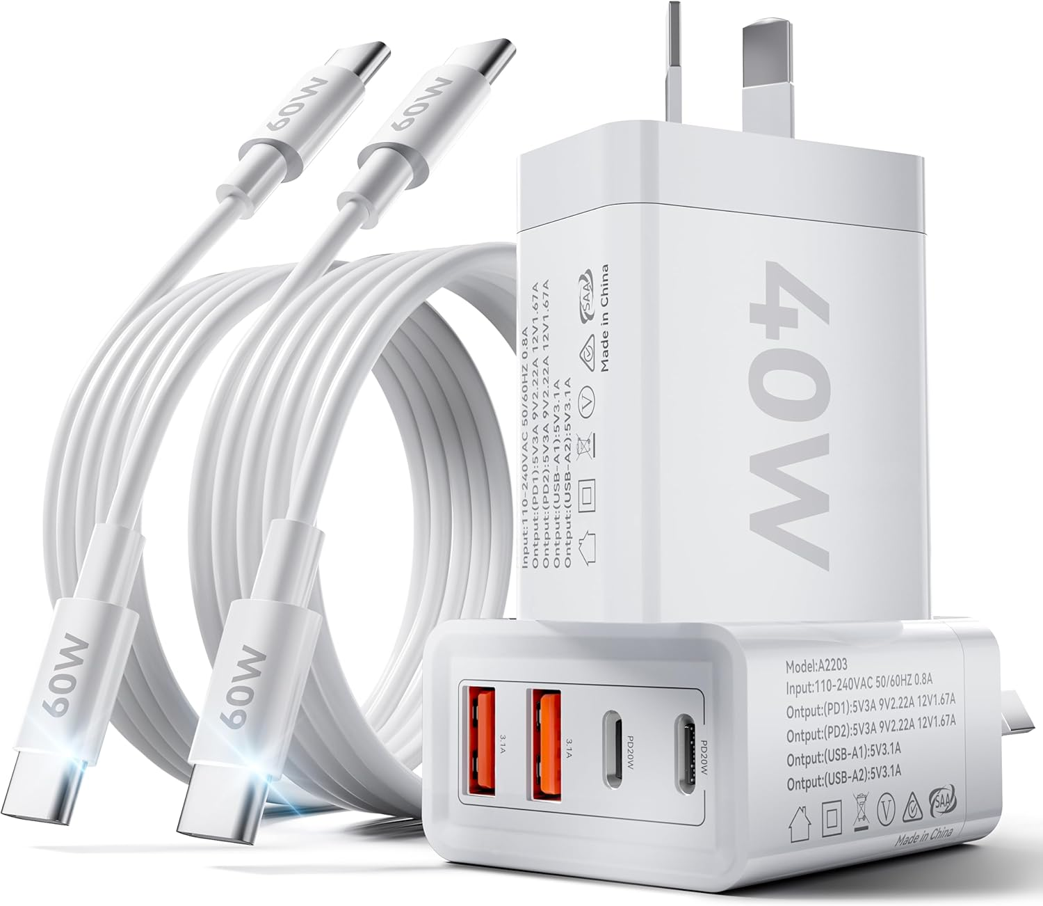 Mosiller USB C Fast Charger - 2Pack 40W Dual USB C Wall Charger - 4 Port 20W USB C Power Adapter with Dual PD USBC Charger with C to C Fast Charging Cable Compatible Iphone,Samsung, Laptop image number 2