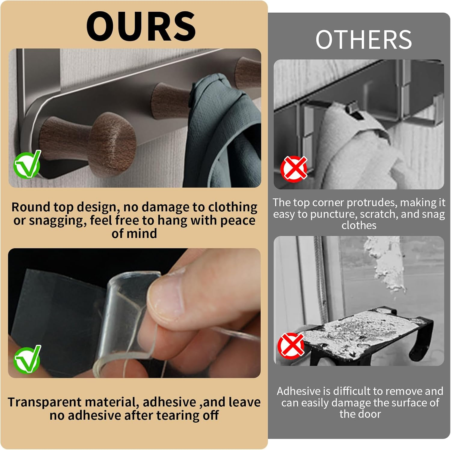 Over the Door Hooks Hanger for Clothes with 6 Wooden Door Hooks Sturdy Towel Rack Heavy Duty Coat Hooks on Back of Bathroom Bedroom Closet Doors for Hanging Clothes Hat Towels Umbrellas Key (Grey) image number 5