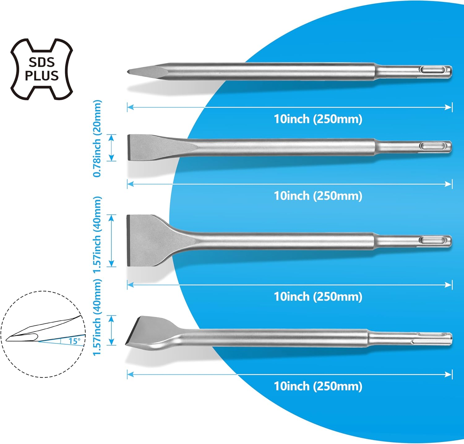 Nucraft SDS plus Chisel Set, 4 Piece Steel Tool Set (Wide, Flat, Pointed) Tile Chisels, Suitable for Masonry, Bricks, Walls, Granite, Concrete Rotary Hammer Chisels