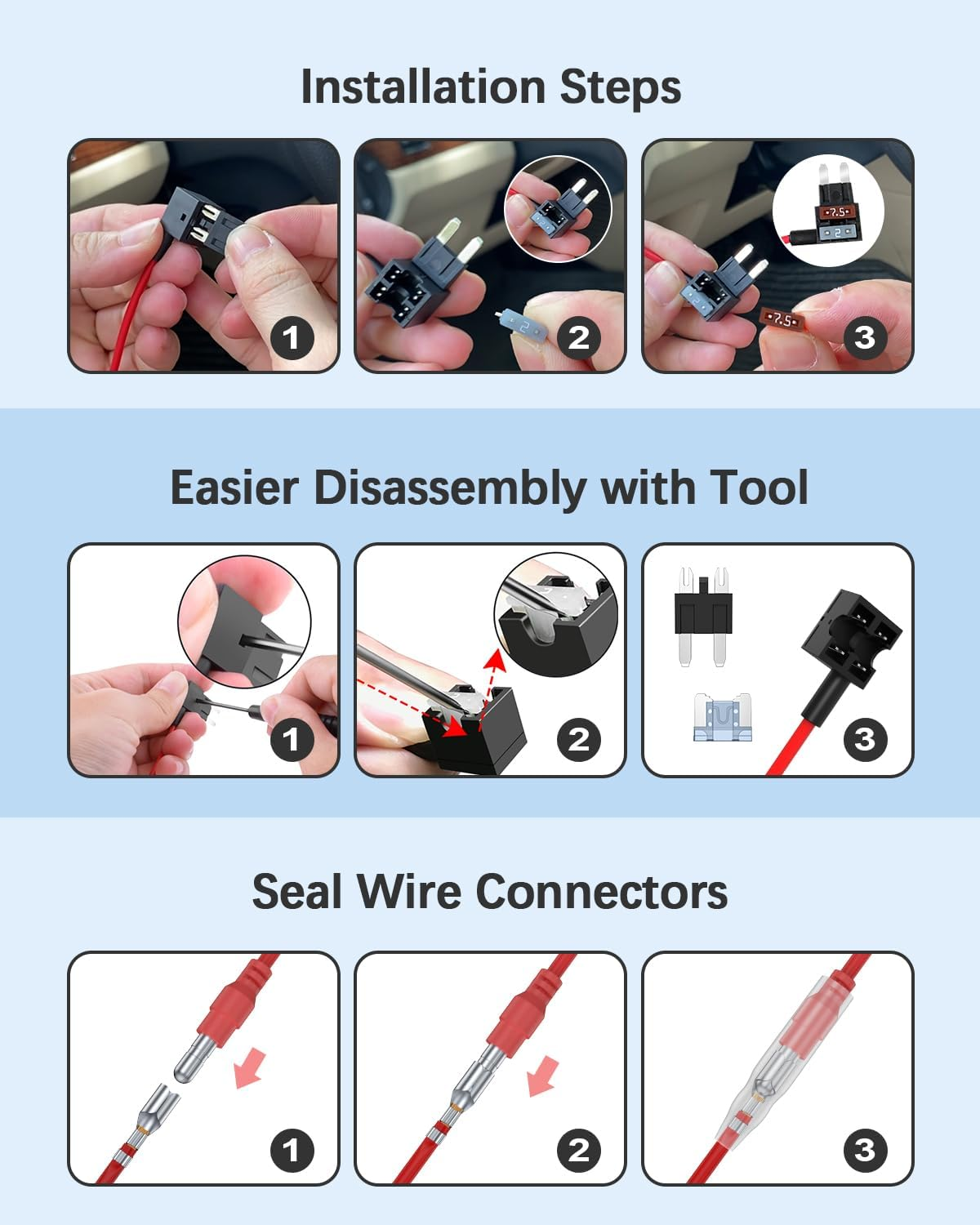 Dash Cam Hardwire Kit, USB-C Port 4M Hard Wiring Kit for Car Cam Car Charger Power Cord 12V/24V to 5V 2.5A Charger Cable with 4 Power Adapters 3 Fuses for Dashcam GPS Etc image number 3
