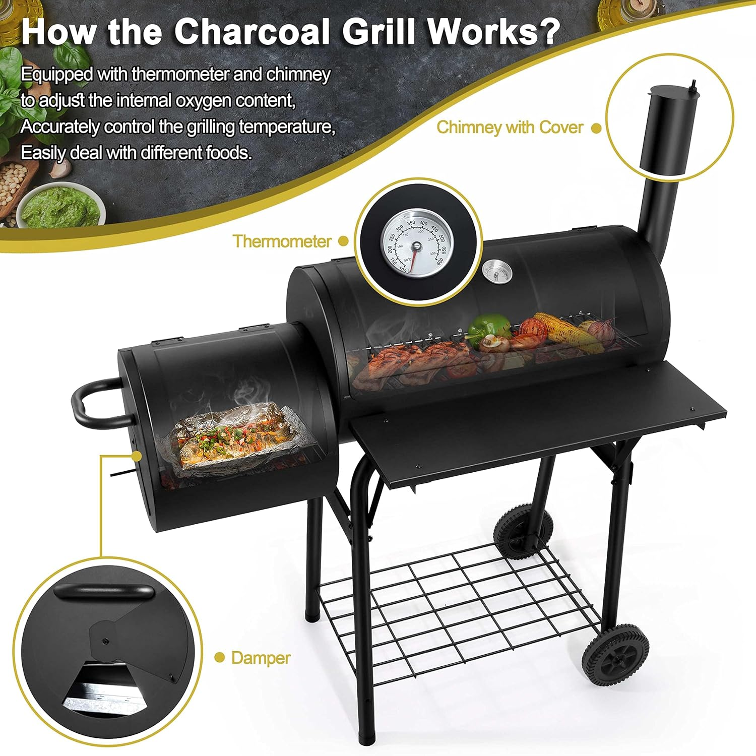 Charcoal Grills Outdoor BBQ Grill, Barrel Charcoal Grill with Side Table, with Nearly 438 Sq.In. Cooking Area, Cooking Space for 6-10 People, Ideal for Camping and Backyard BBQ