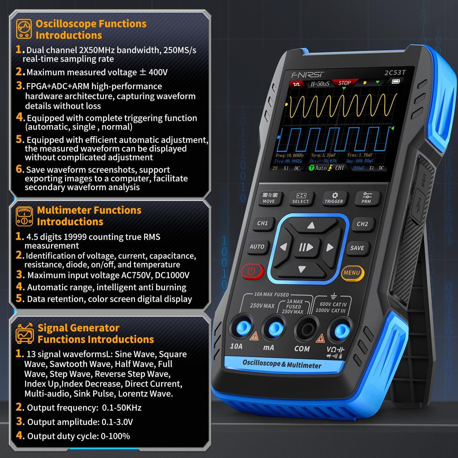 2C53T 3-In-1 Handheld Oscilloscope Multimeter DDS Generator, 2 Channel, 50Mhz Bandwidth, 250Msa/S Sampling Rate, 20,000 Calculations, Voltage, Current, Capacitance, Resistance, 2* P6100 Probes image number 1