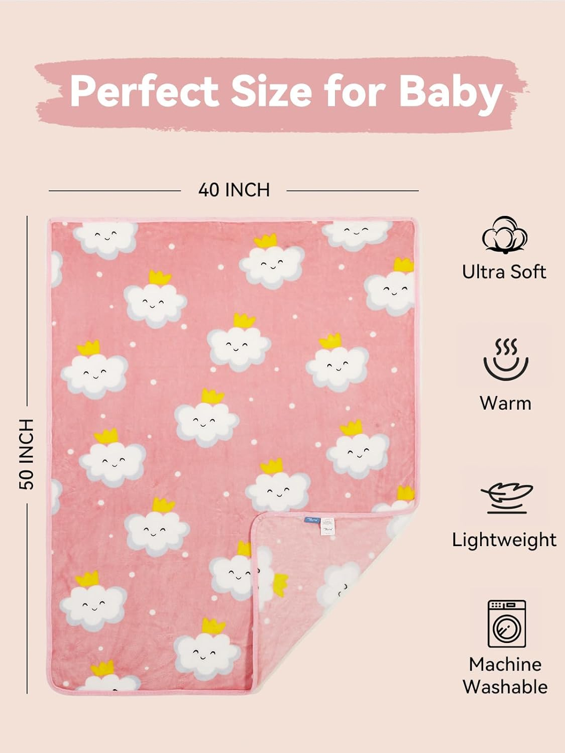 TILLYOU Toddler Flannel Blanket - Warm Cozy Baby Blanket for Boys and Girls, Smooth Cute Lightweight Blanket for Bedding Crib Stroller, 40X50 Inches, Pink Cloud