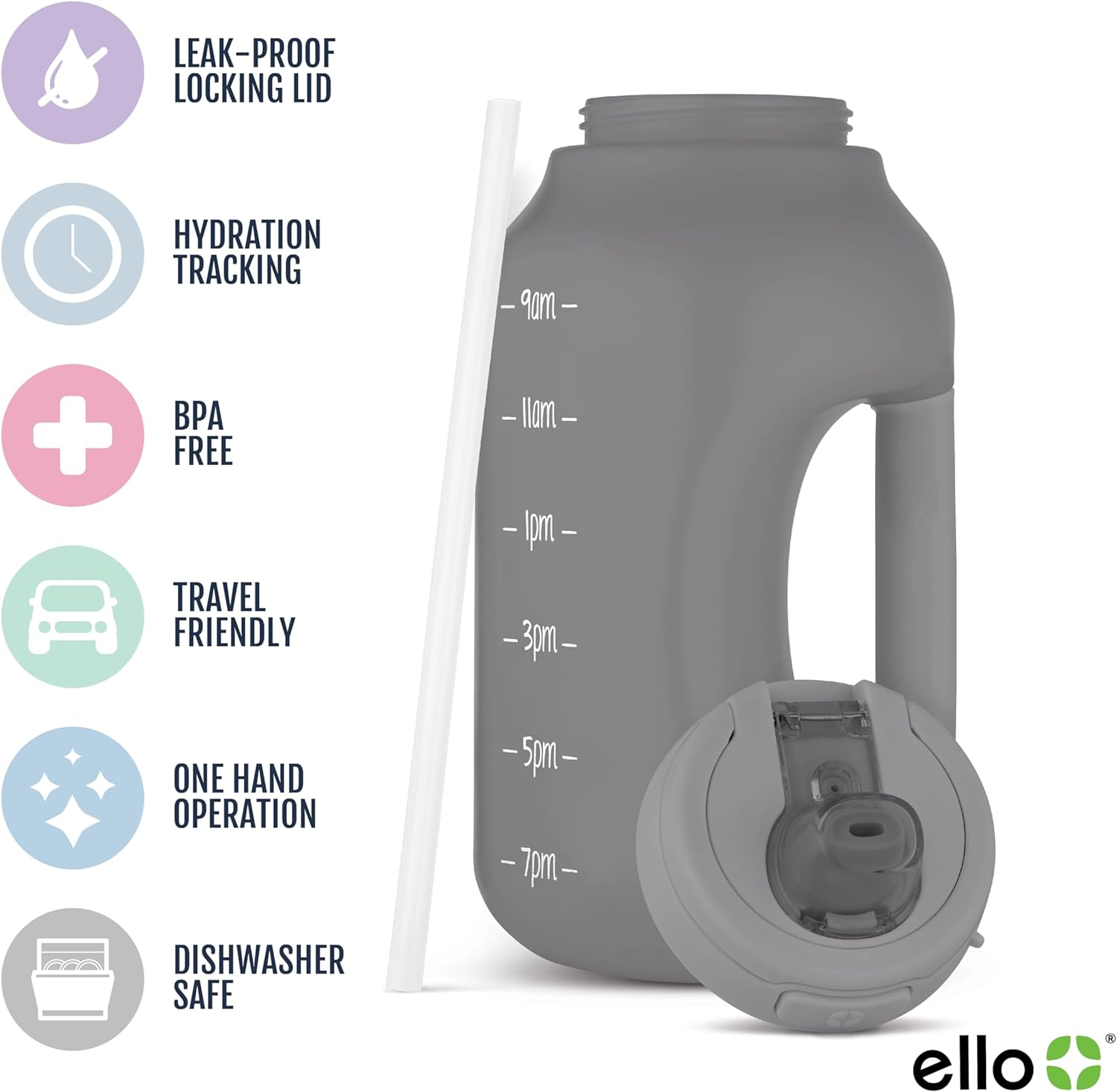 Ello Hydra Half Gallon Jug with Time Marker & Handle for All Day Hydration & Silicone Straw with Locking, Leak Proof Lid BPA Free, Gray, 64Oz - Grey image number 2