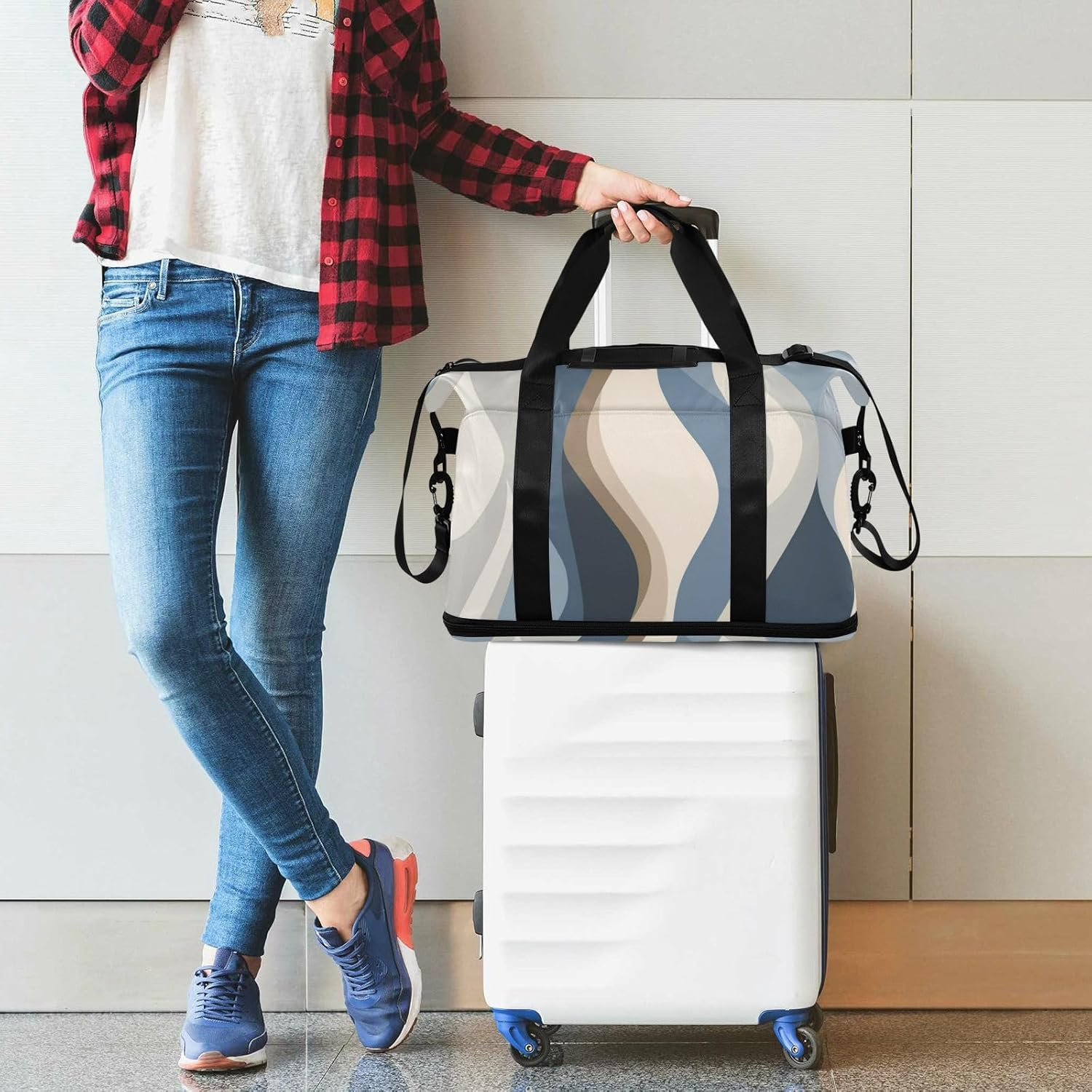 Abstract Blue Beige Tote Bag Travel Weekender Gear Bag with Adjustable Strap for Sports Foldable, Abstract Blue Beige, 1 Size image number 4