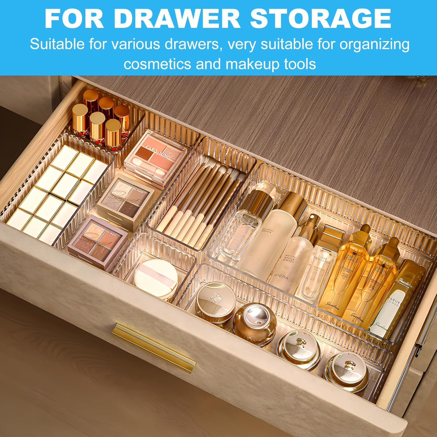 7 PCS Clear Drawer Organizers Bins, 4-Size Stackable Makeup Organizer Trays, Drawer Storage Containers, Desk Organiser for Kitchen Bathroom Makeup Office image number 2