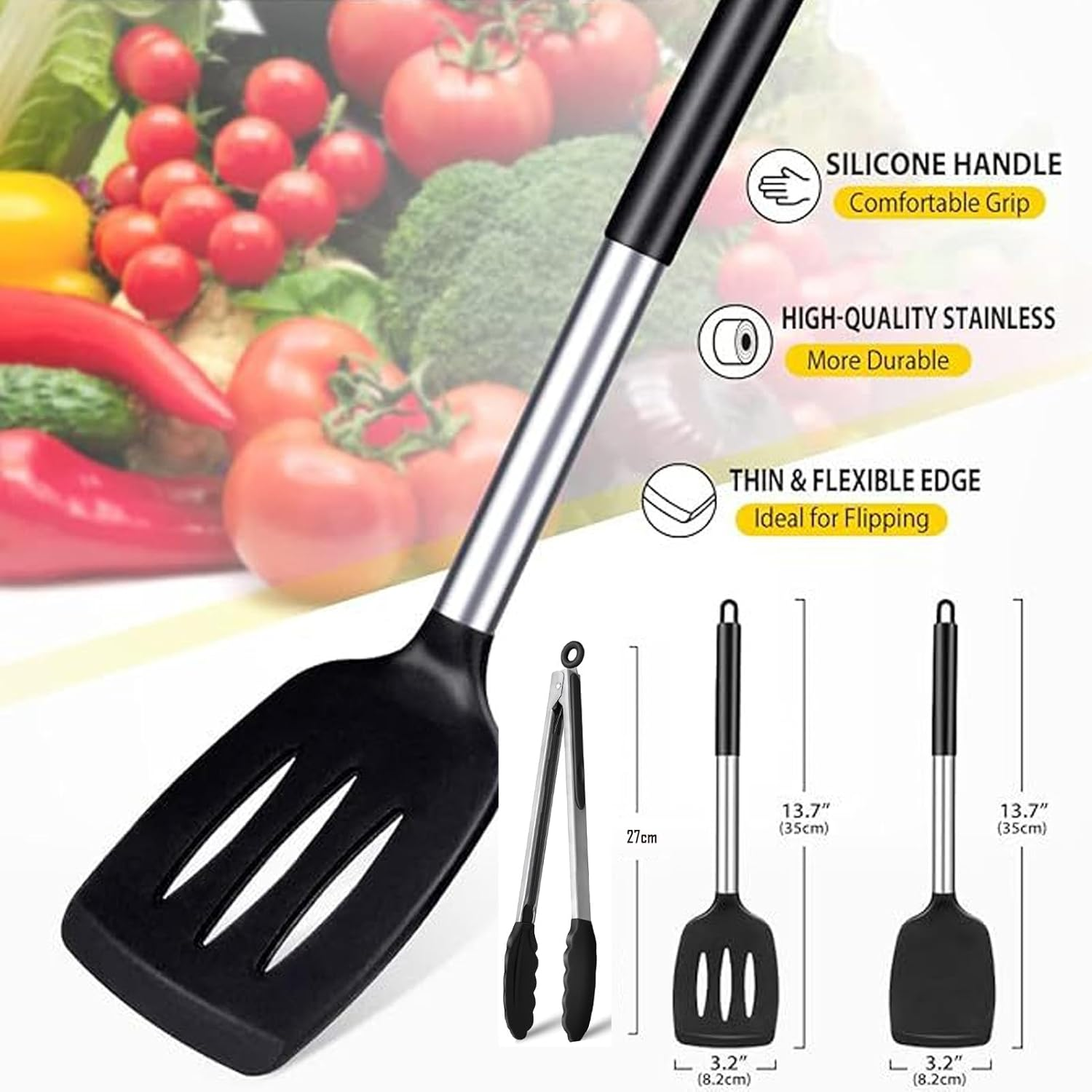 Pack of 3 Silicone Spatula Set Non Stick Slotted Kitchen Spatulas- Stainless Steel High Heat Resistant Solid & Slotted Turner, BPA Free Cookware for Pancakes, Fish, Eggs image number 5