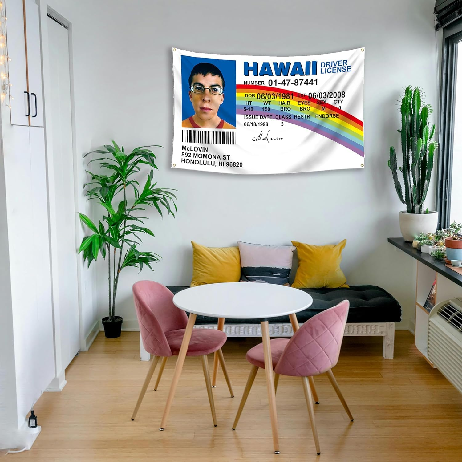 Mclovin ID Fake Driver License Indoor Flag 90 * 150 CM, Polyester Thickness, Fade Resistant, 4 Brass Grommets, Canvas Header, Vibrant Colors,Not Fear of Rain and Snow image number 2