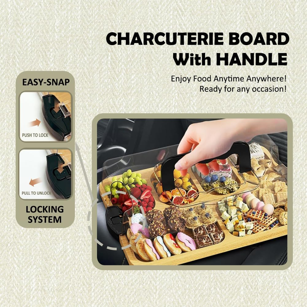 Premium Charcuterie Board Cheese Bamboo Board with Locking Lid Travel Cheese Board with Handle Snack Tray for Picnic Party Camping House Warming Gifts image number 1