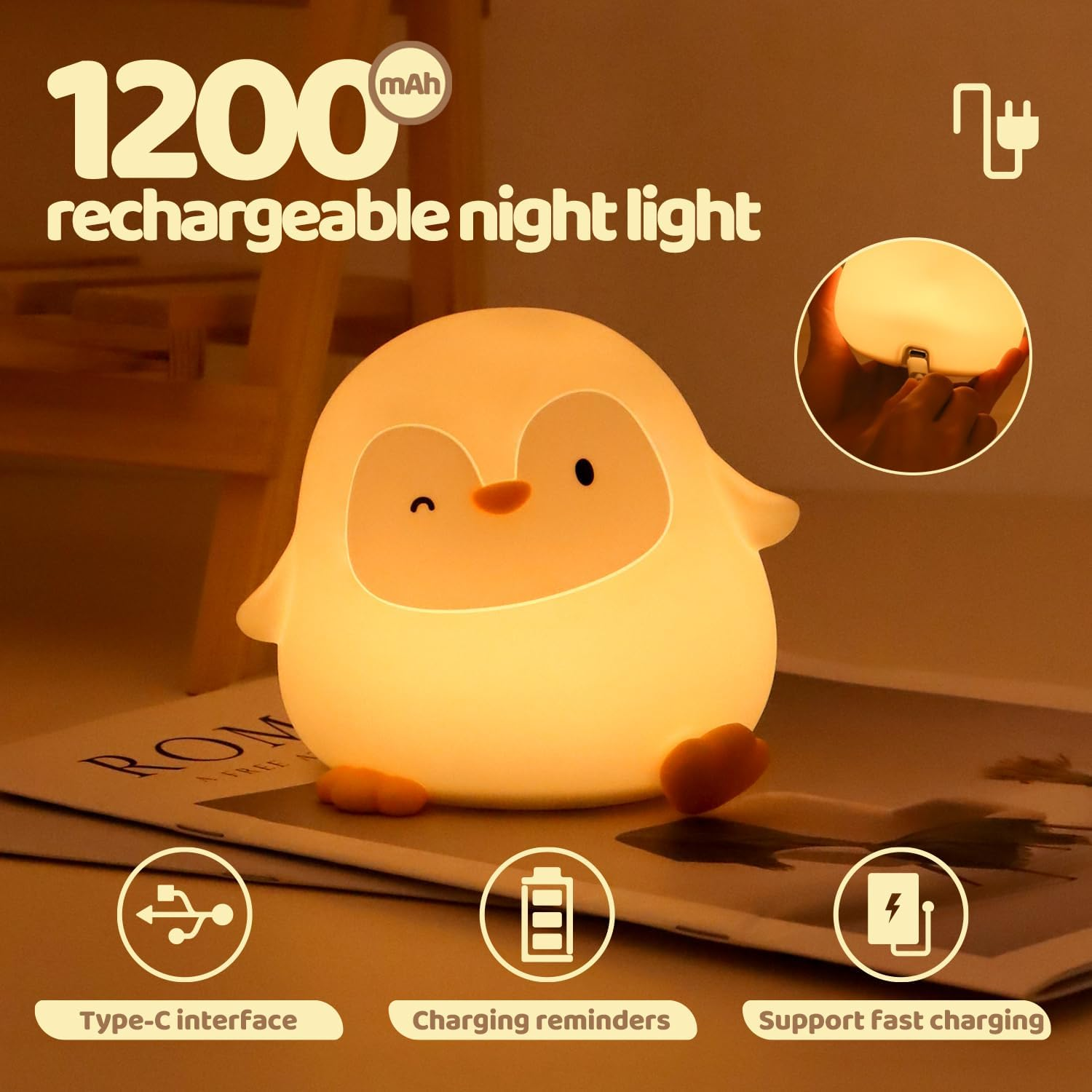 Rytinazzz Penguin Night Light, 50-Hour Battery & Pat Control, Squishy Silicone Lamp for Kids Nursery, USB Rechargeable with Timer, Valentines Gifts image number 6
