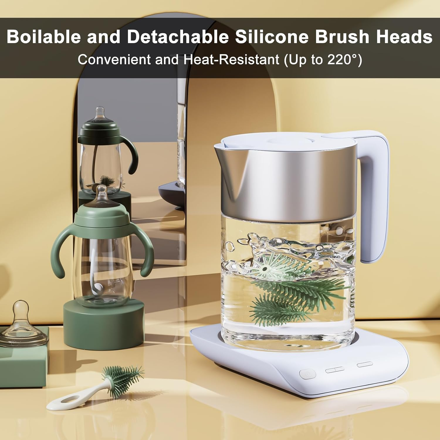 Baby Bottle Brush, Silicone Bottle Brush with Stand, 360&deg; Rotating Bottle Cleaner Set, 3 in 1 Bottle and Teat Cleaning Brush, for Long Narrow Neck Bottles, Water Bottles, Drinking Glasses