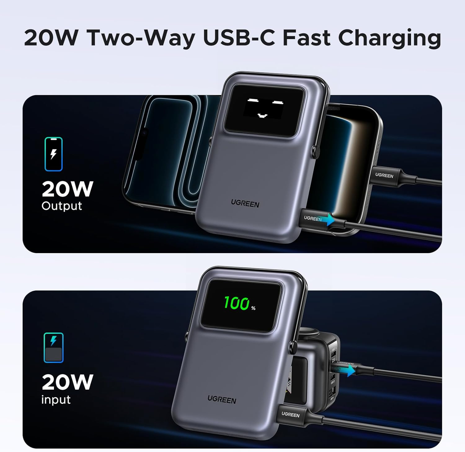 UGREEN Uno Magsafe Power Bank 10000Mah Magnetic Battery Pack 20W Fast Charging Portable Charger with Foldable Stand Emoji TFT Display Powerbank for Iphone 17 Pro Max/16 Pro/15/14/13/12 Series, Black image number 6