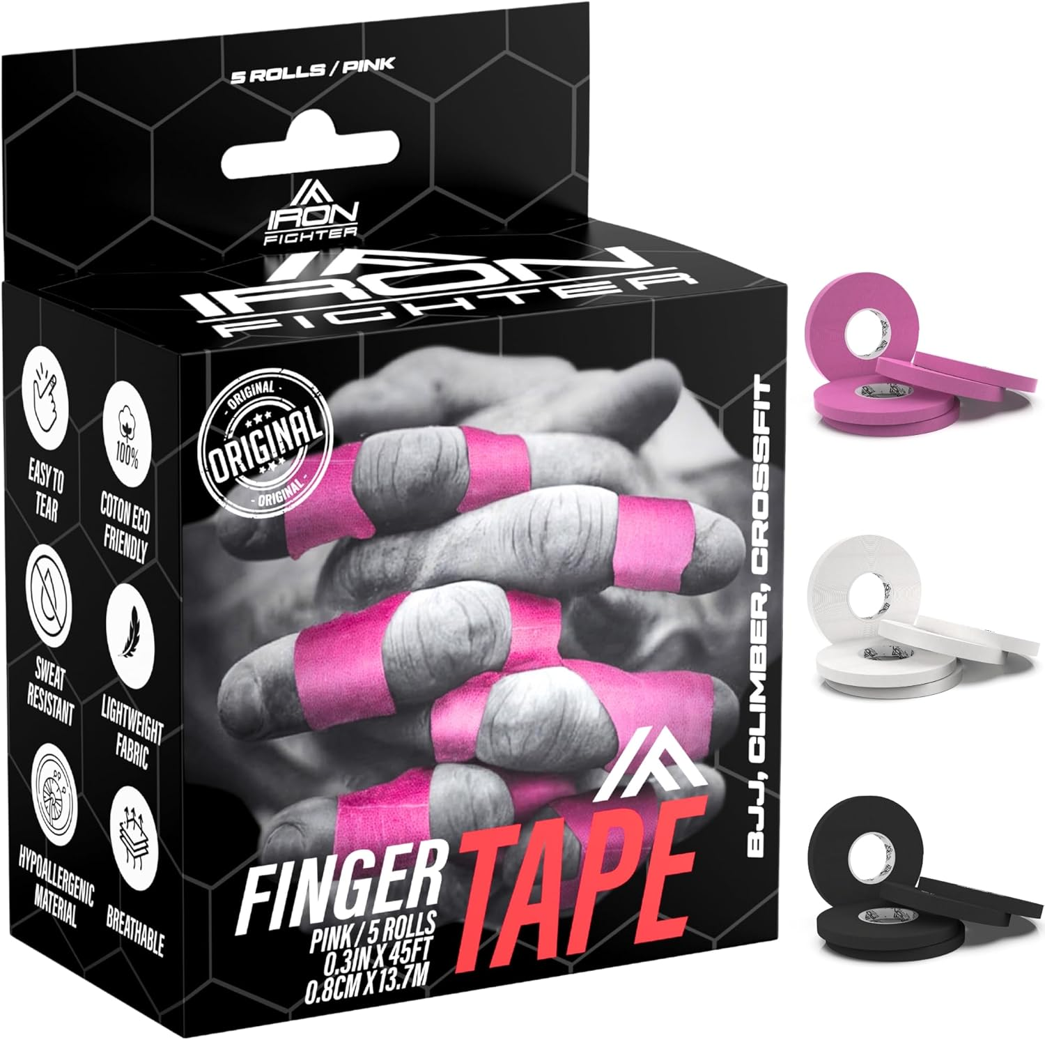 5X Rolls of Athletic Finger Tape Sports 0,8CM/0.3IN X 13,7M/45FT - BJJ Brazilian Jiu Jitsu - Rock Tape for Climbing - Crossfit - Judo - Volleyball - White Sports Tapes Strapping